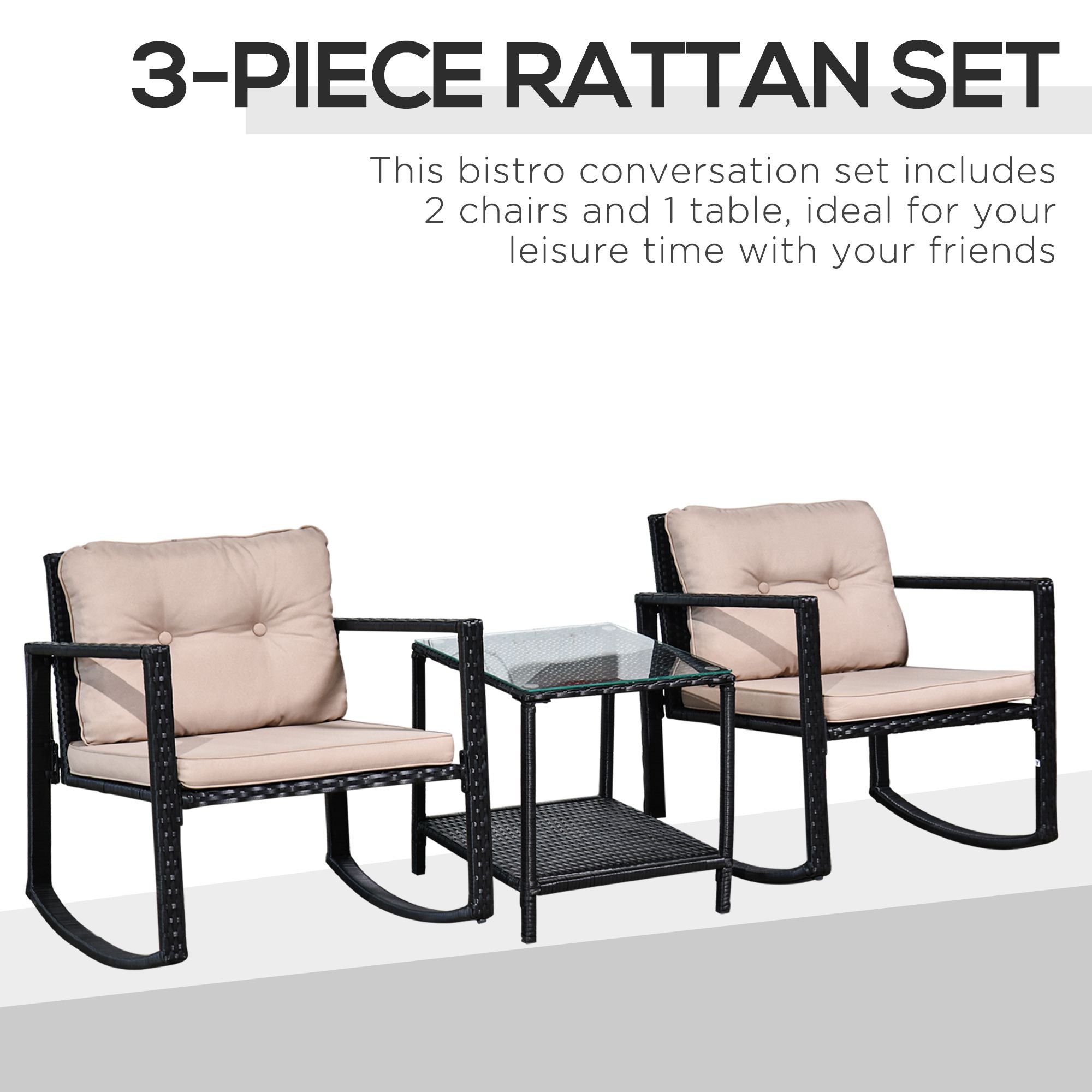 Kozy 3 Pieces Rattan Garden Rocking Chair Set, Outdoor Rocking Bistro Set w/ 2 Cushioned Armchair and Glass Top Two-tier Coffee Table, Black