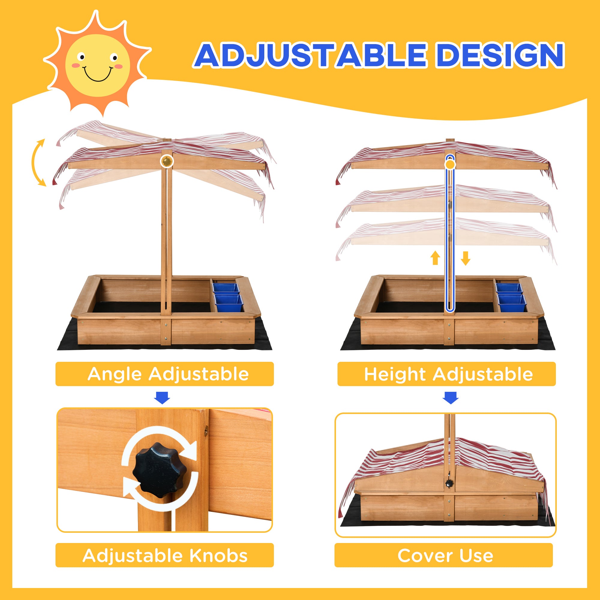 Kozy Sand Pit Kids Wooden Sandbox with Cover Children Sandpit Play Station Height Adjustable with Canopy, Bottom Liner, Plastic Basins for Outdoor Aged 3-7 Years