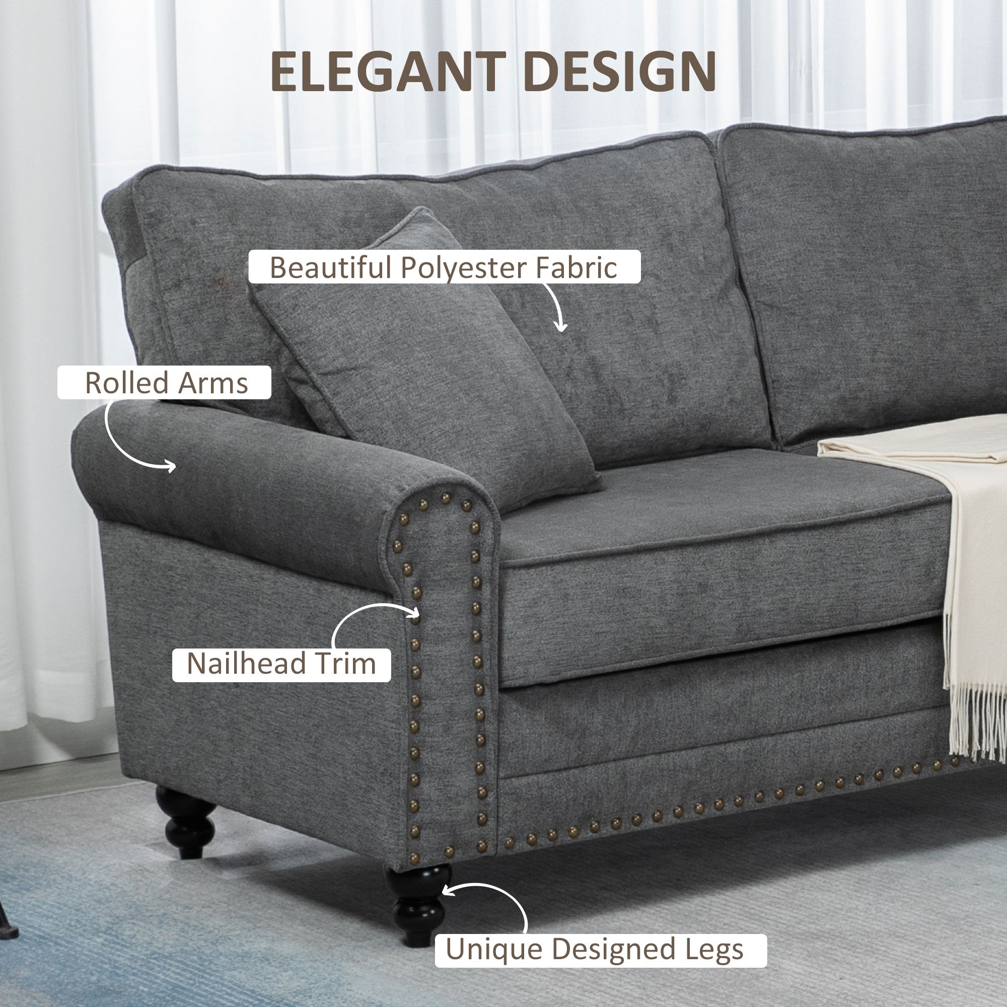 HOMCOM 2 Seater Sofas for Living Room, Fabric Sofa with Nailhead Trim, Loveseat with Cushions and Throw Pillows, Grey
