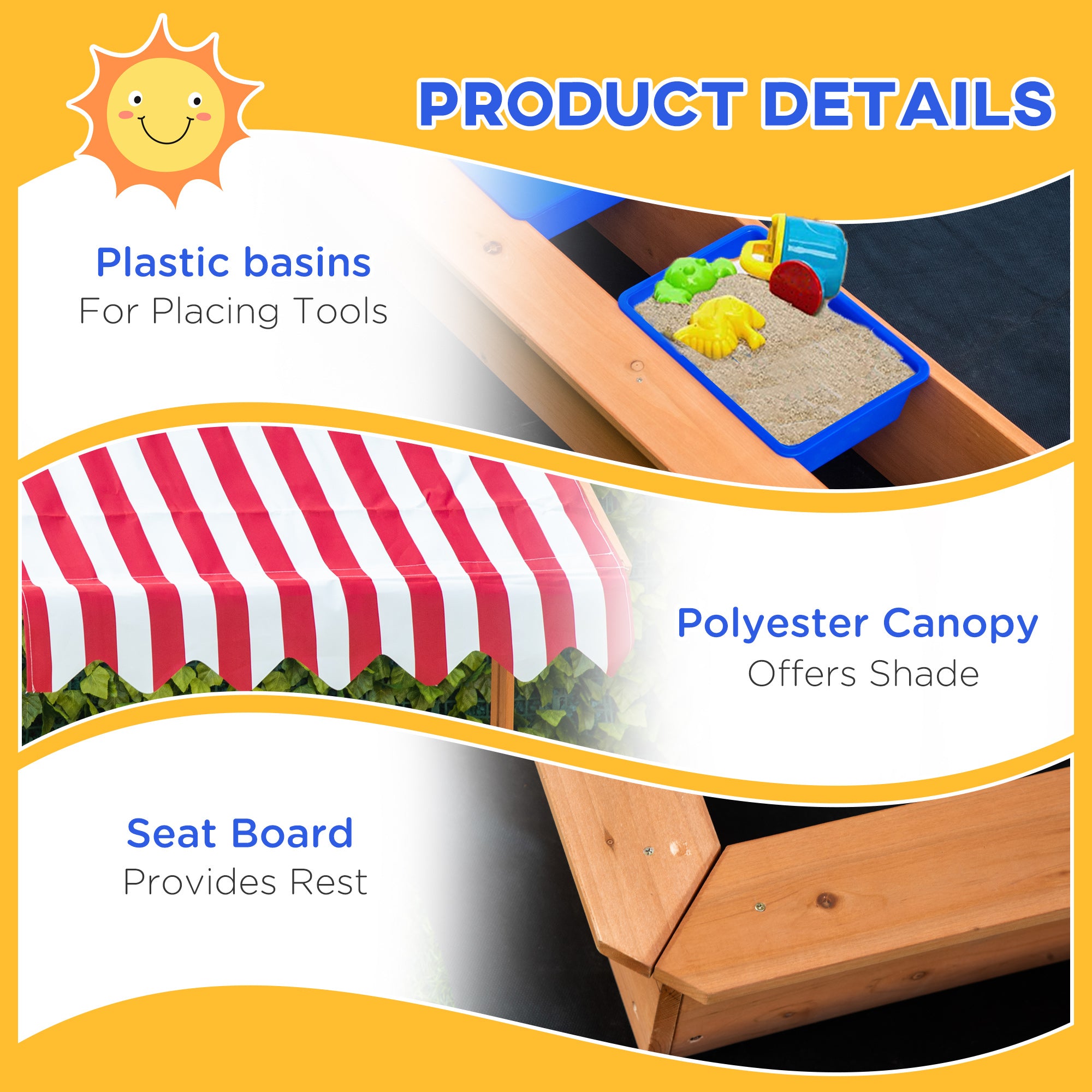Kozy Sand Pit Kids Wooden Sandbox with Cover Children Sandpit Play Station Height Adjustable with Canopy, Bottom Liner, Plastic Basins for Outdoor Aged 3-7 Years
