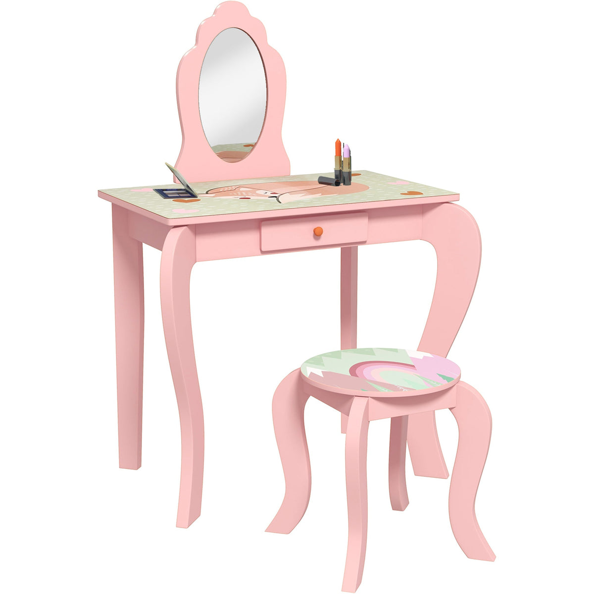ZONEKIZ Kids Dressing Table with Mirror and Stool, Girls Vanity Table Makeup Desk with Drawer, Cute Animal Design, for 3-6 Years - Pink