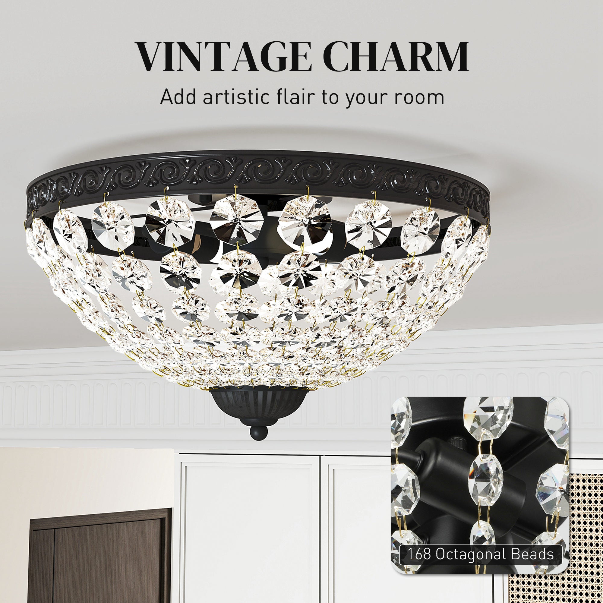 Kozy Crystal Chandelier Ceiling Light with 168 Octagonal Beads, Vintage 2-Light Flush Mount Ceiling Light for Living Room, Bedroom, Hallway, Dining Room, Gold Tone