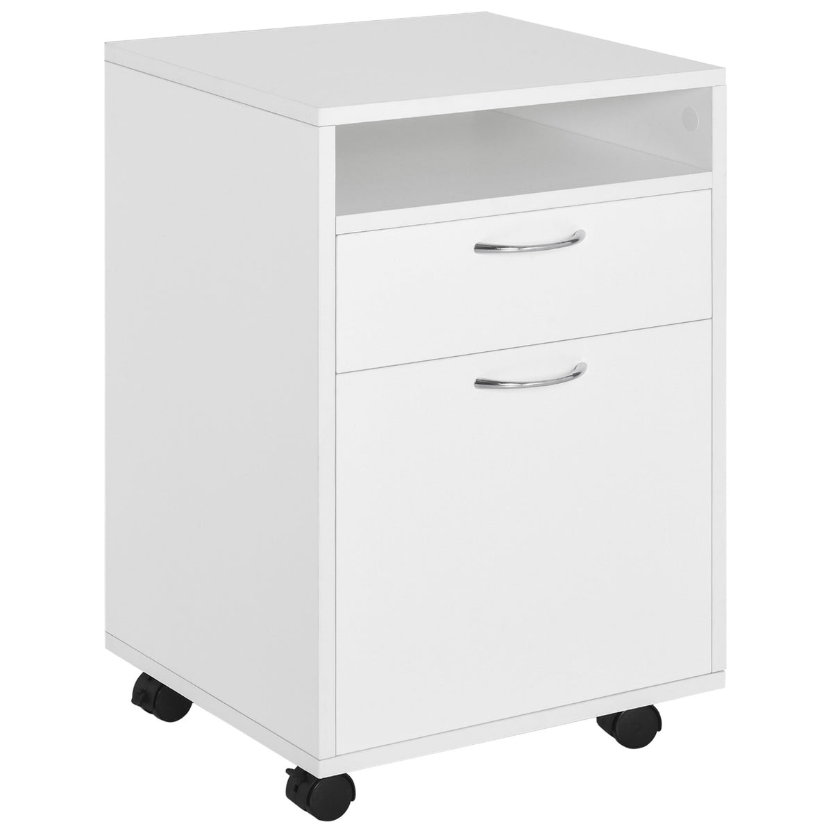Kozy 60cm Filing Cabinet with Drawer, Open Shelf, Metal Handles and 4 Wheels, Office Home Organiser Mobile Printer, White