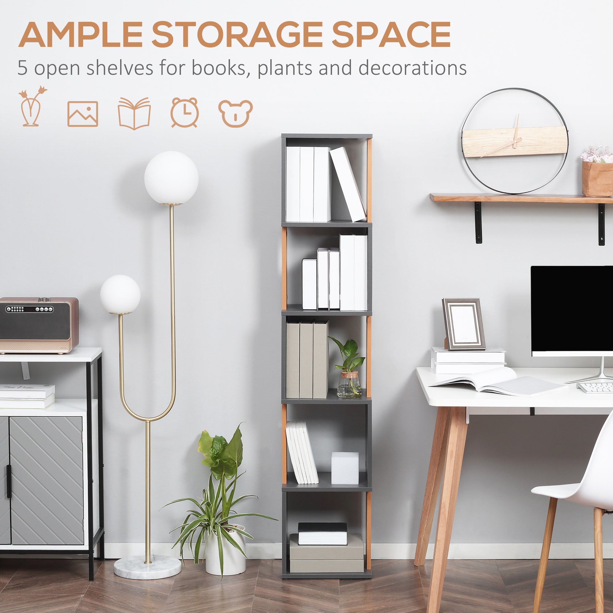 Kozy Modern 5-Tier Bookshelf, Freestanding Bookcase Storage Shelving for Living Room Home Office Study, Brown and Dark Grey