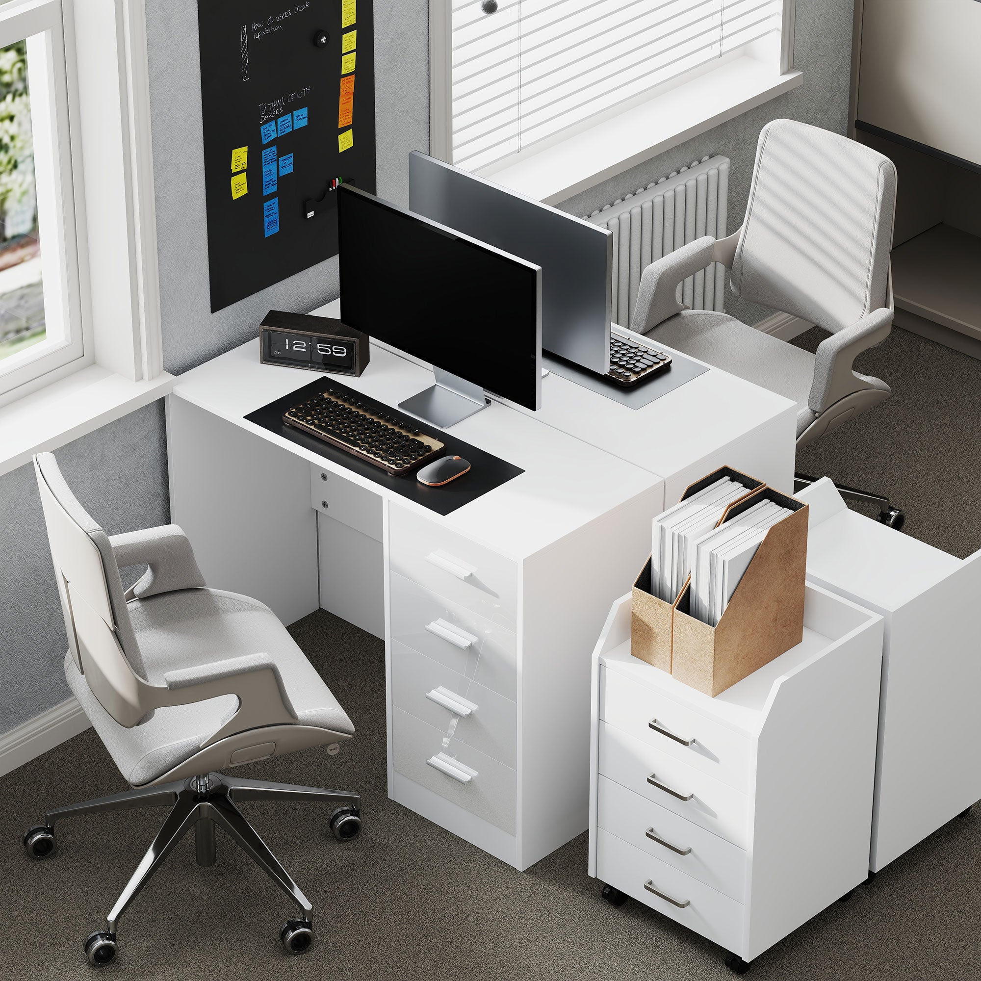 Kozy Computer Desk with Drawers, Dressing Table, High Gloss Home Office Writing Workstation, White