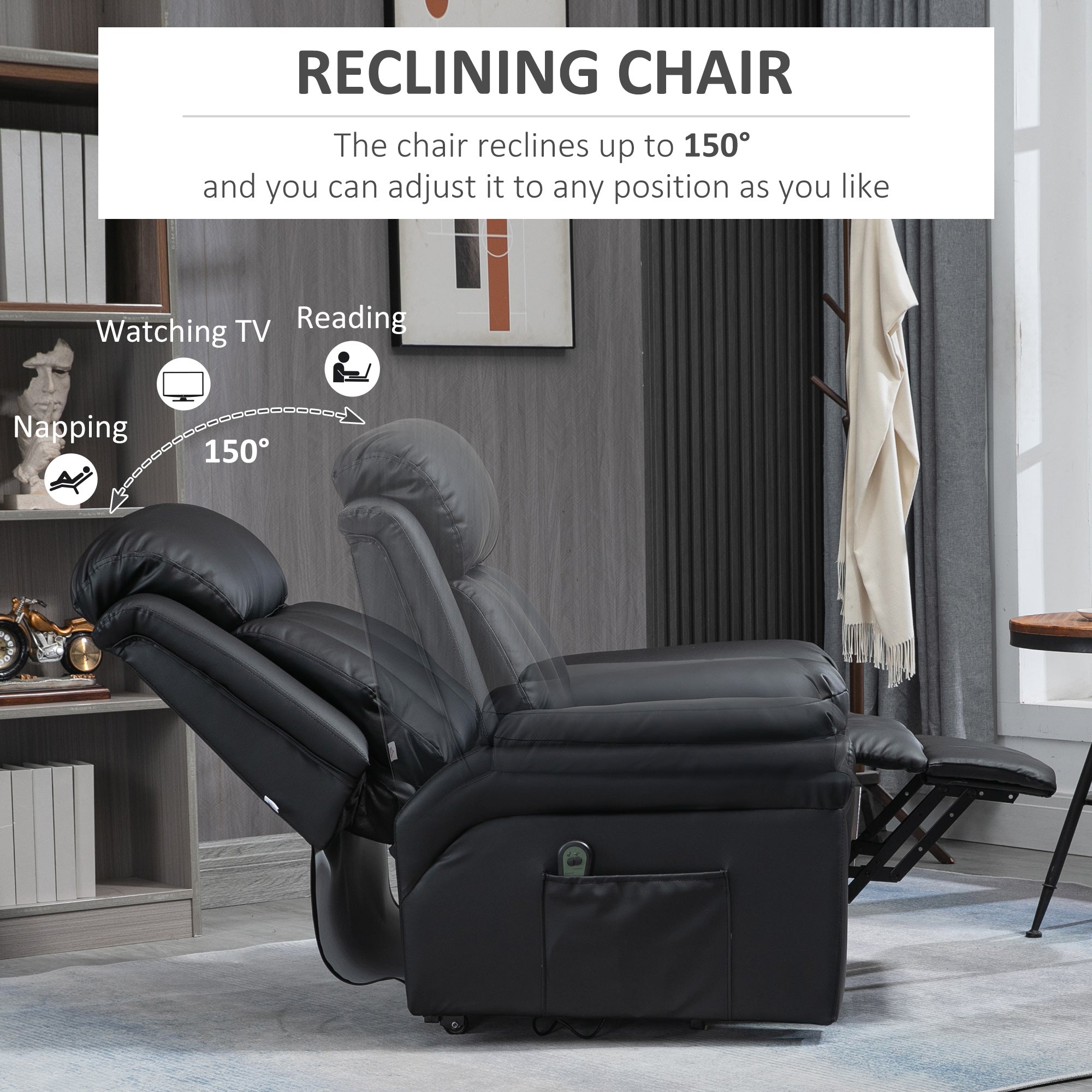 Kozy - Power Lift Chair Recliner for Elderly, Electric Recliner Chair, Overstuffed Faux Leather Riser and Reclining Armchair with Remote Control, Side Pockets, for Living Room, Black