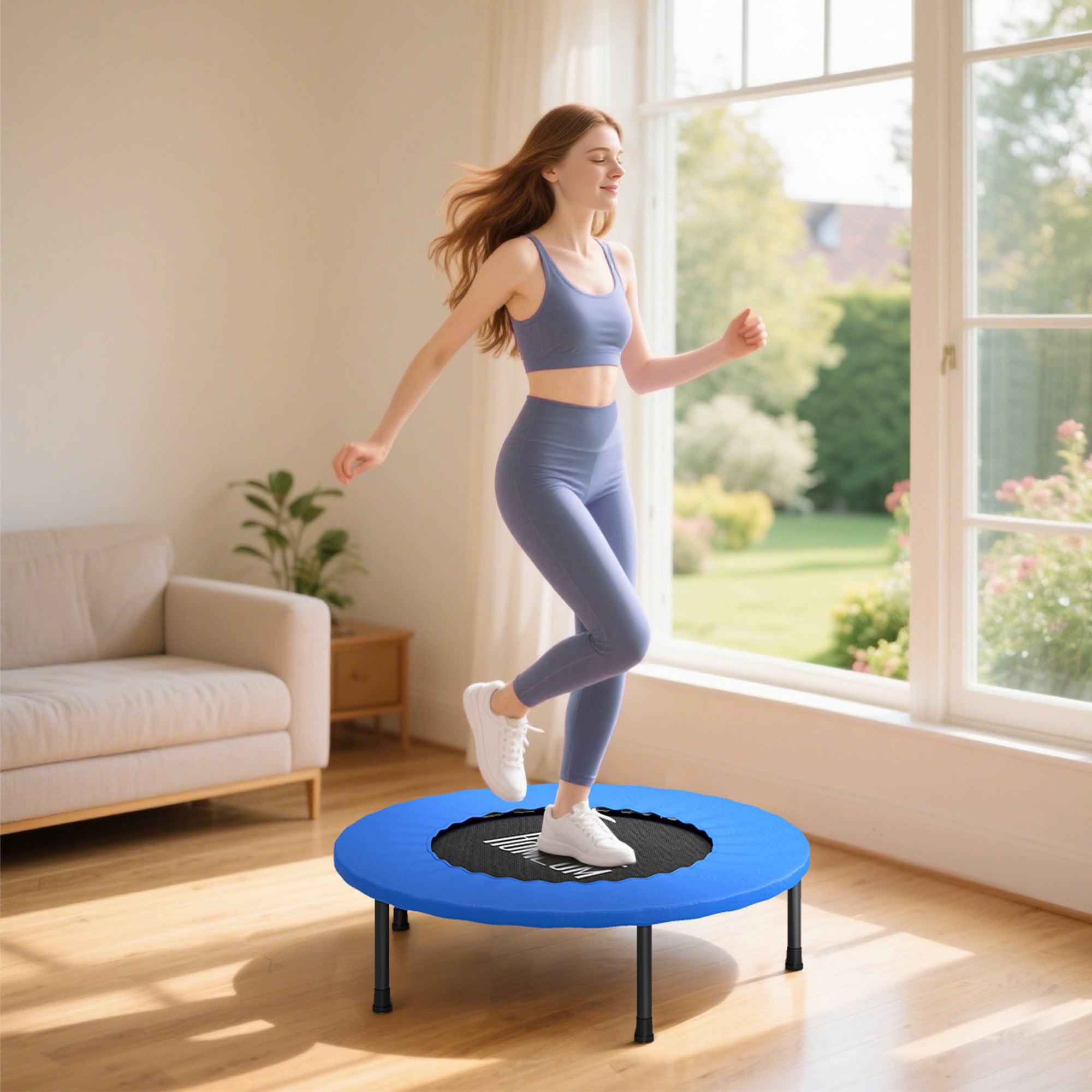 Kozy 32" Mini Fitness Trampoline Home Gym Yoga Exercise Rebounder Indoor Outdoor Jumper with Safety Pad, Support Up to 100 KG, Blue and Black