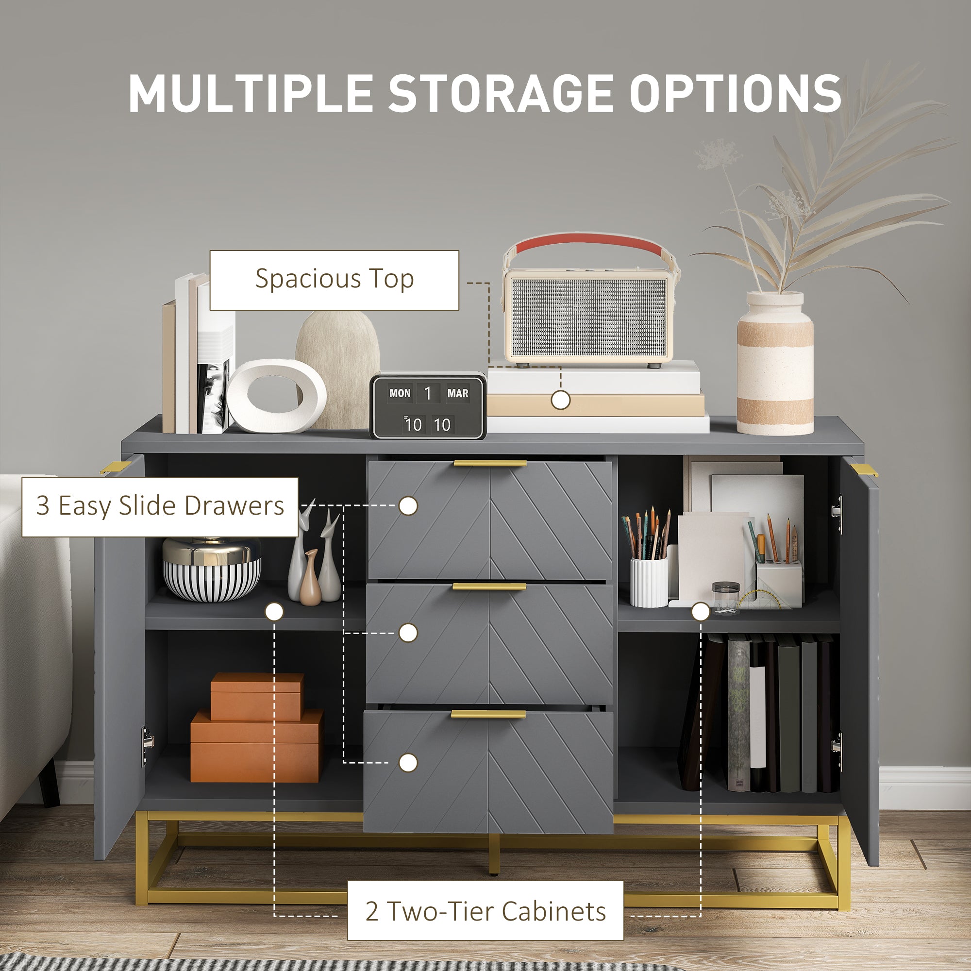 Kozy Sideboard with 3 Drawers and Adjustable Shelves for Living Room - Grey