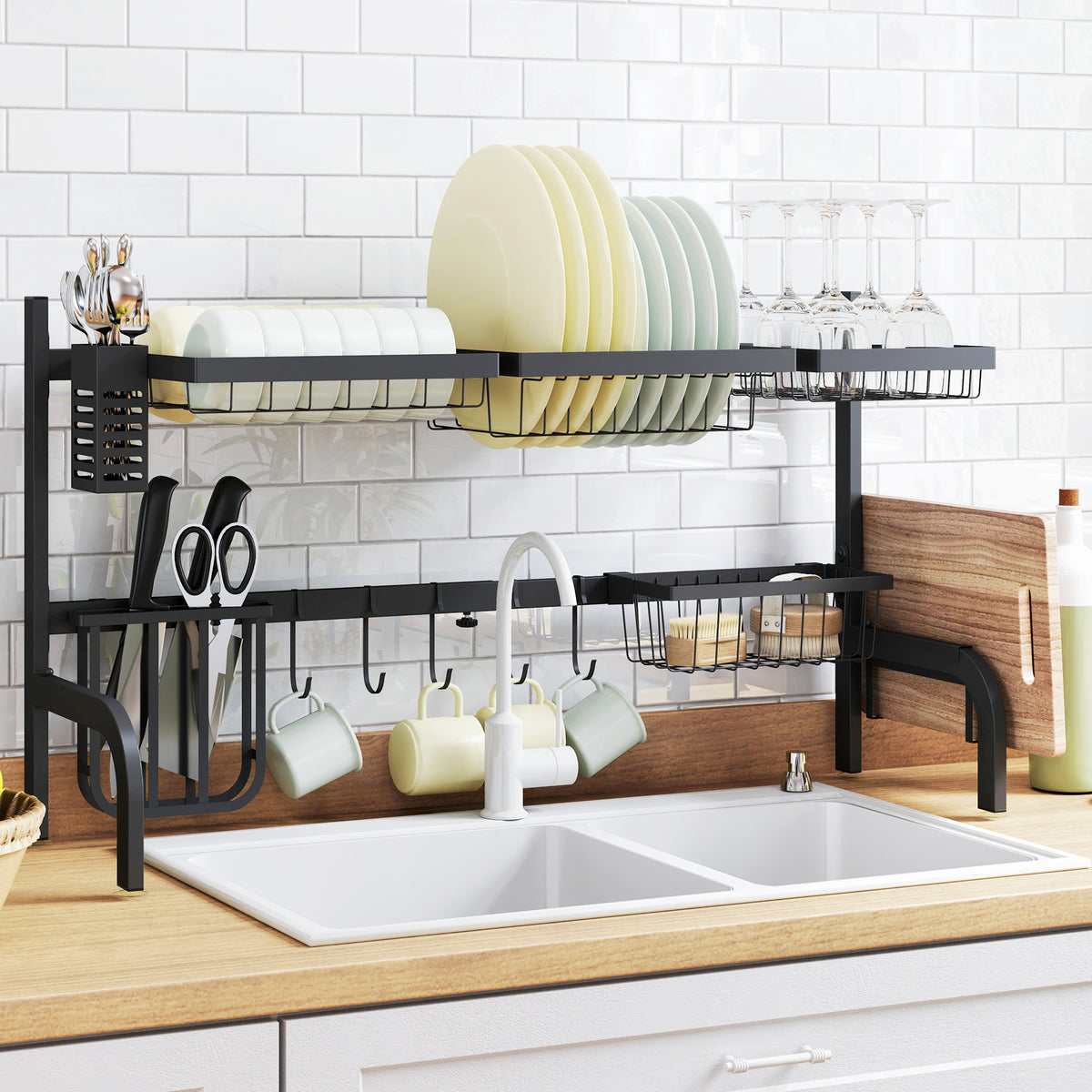 Kozy Space Saving 2 Tier Adjustable Dish Drainer Over The Sink Dish Drying Rack, Black