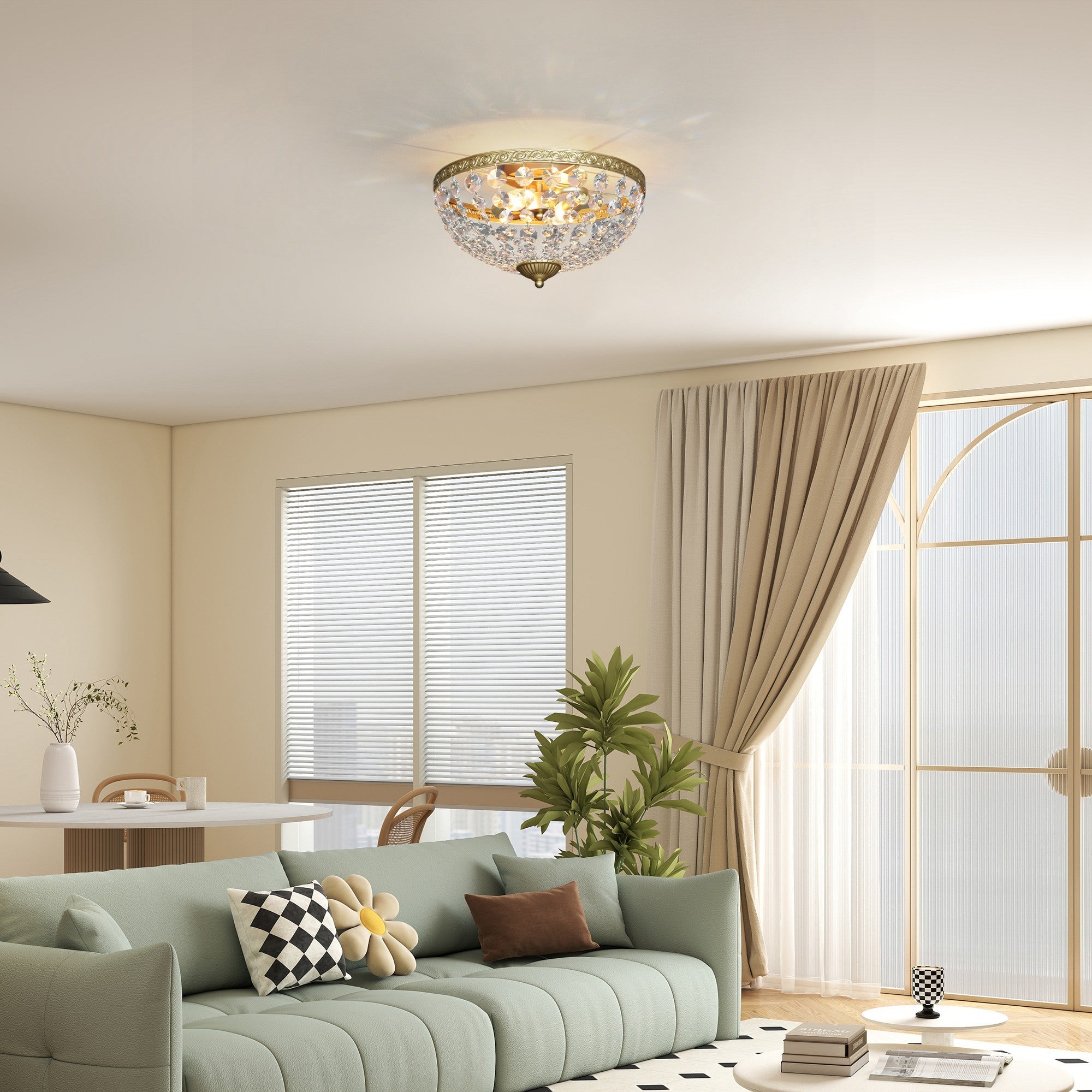 Kozy Crystal Chandelier Ceiling Light with 168 Octagonal Beads, Vintage 2-Light Flush Mount Ceiling Light for Living Room, Bedroom, Hallway, Dining Room, Gold Tone