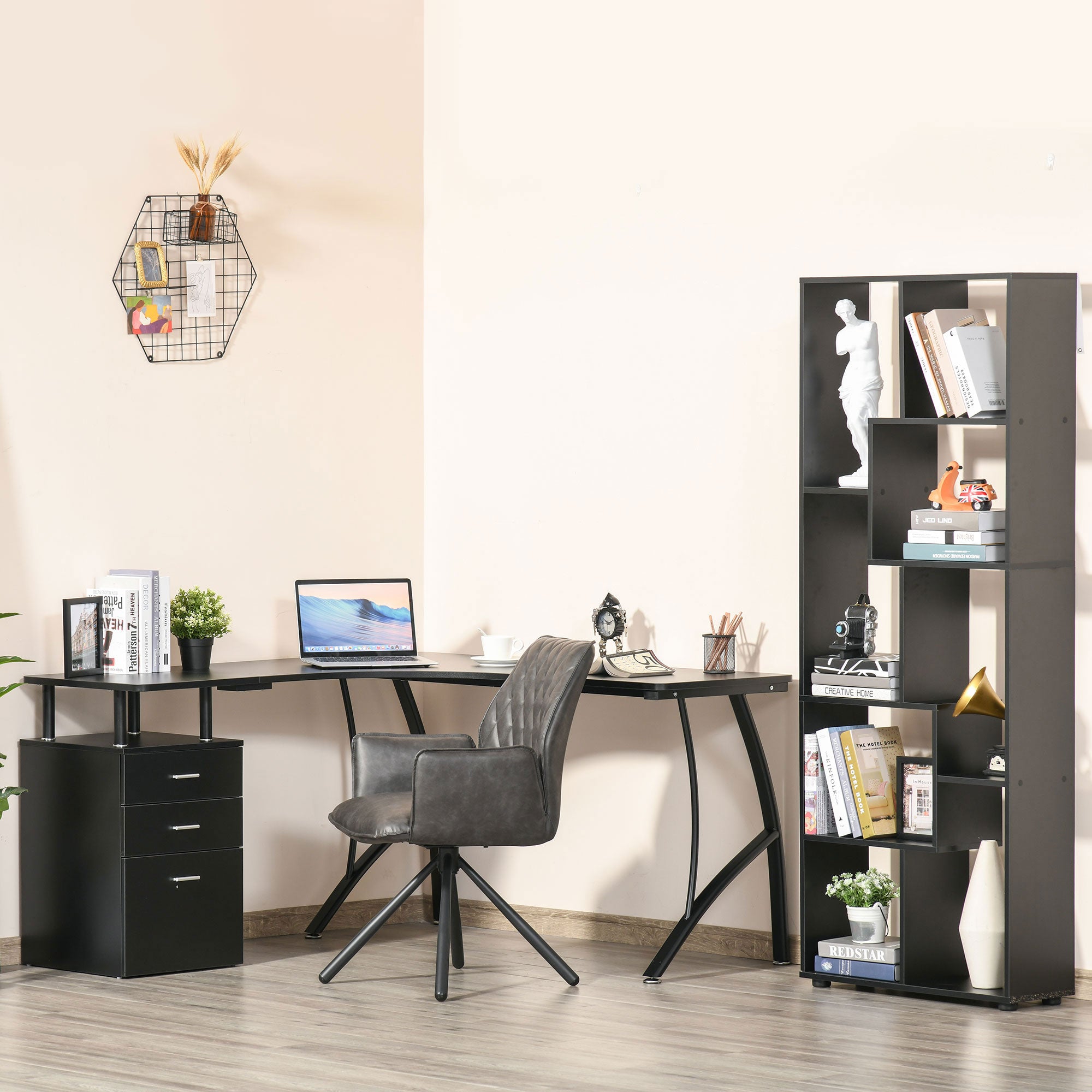 Kozy L-Shaped Computer Desk Table with Storage Drawer, Home Office Desk Corner Industrial Style Workstation for A4 Files 143.5 x 143.5 x 76cm, Black