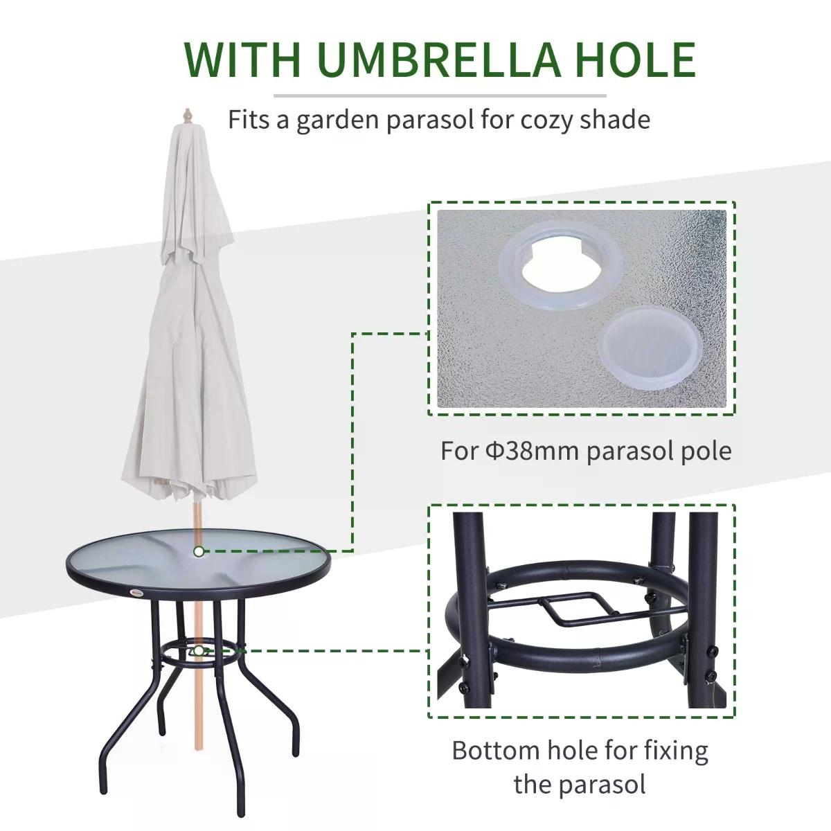 Outsunny Outdoor Round Dining Table Tempered Glass Top Steel Garden Table w/ Parasol Hole 80cm