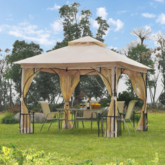 Outsunny 3 x 3 M Garden Gazebo Patio Party Tent Shelter Outdoor Canopy Double Tier Sun Shade Metal Frame Beige