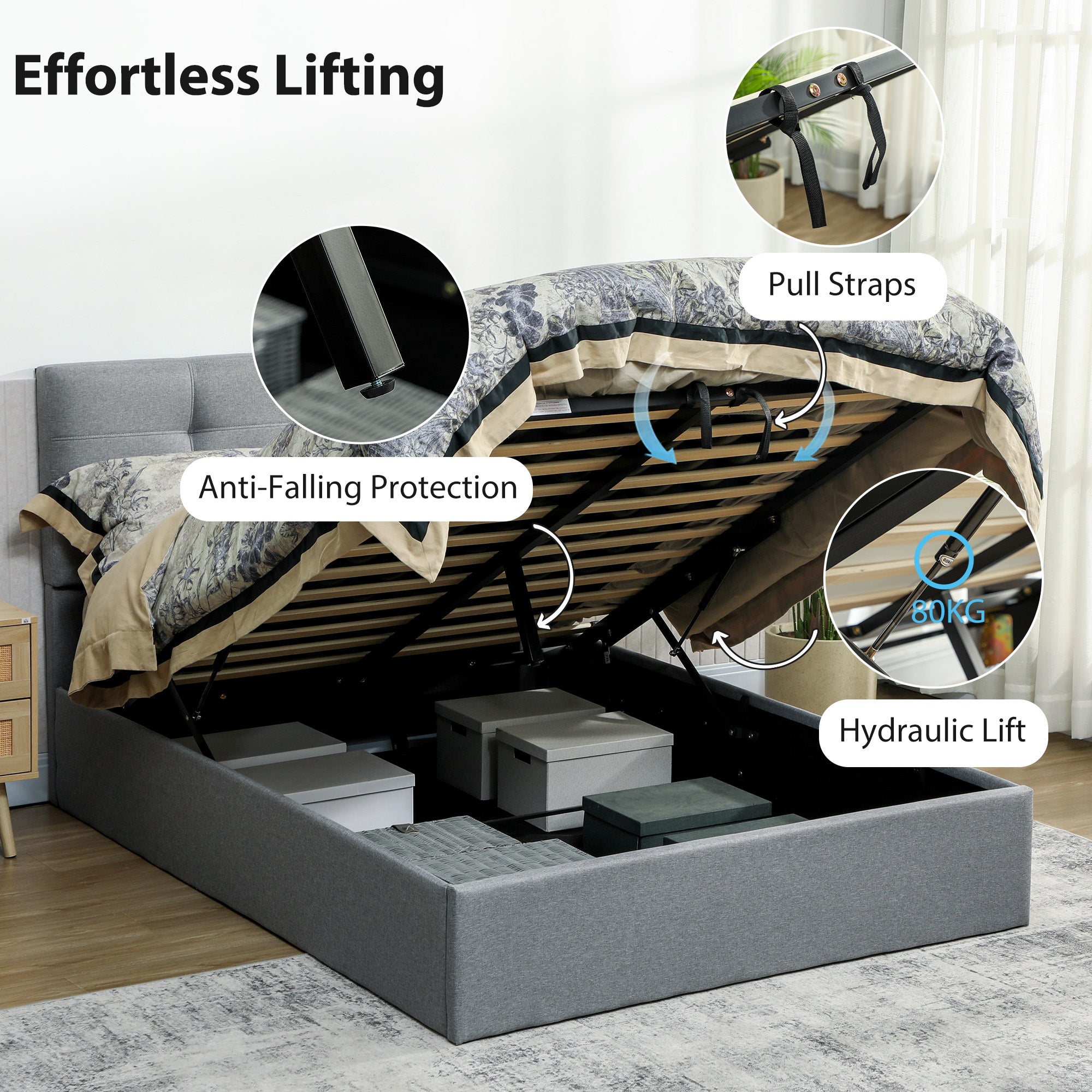 4ft6 Double Ottoman Bed with Gas Lift Storage - Grey