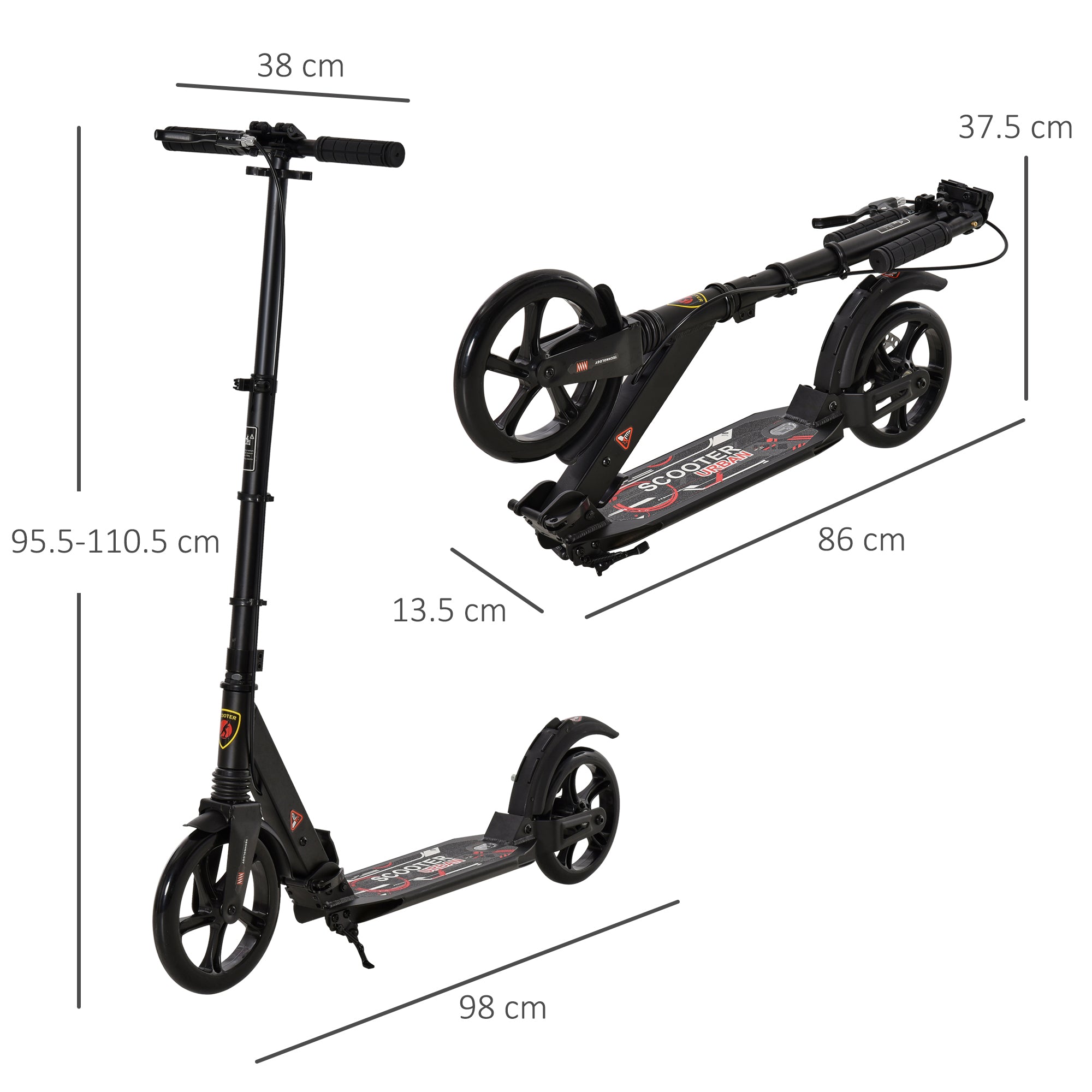 HOMCOM Teens Adult Kick Scooter Foldable Adjustable Aluminum Ride On Toy For 14+ w/ Dual Brake System, Shock Mitigation System