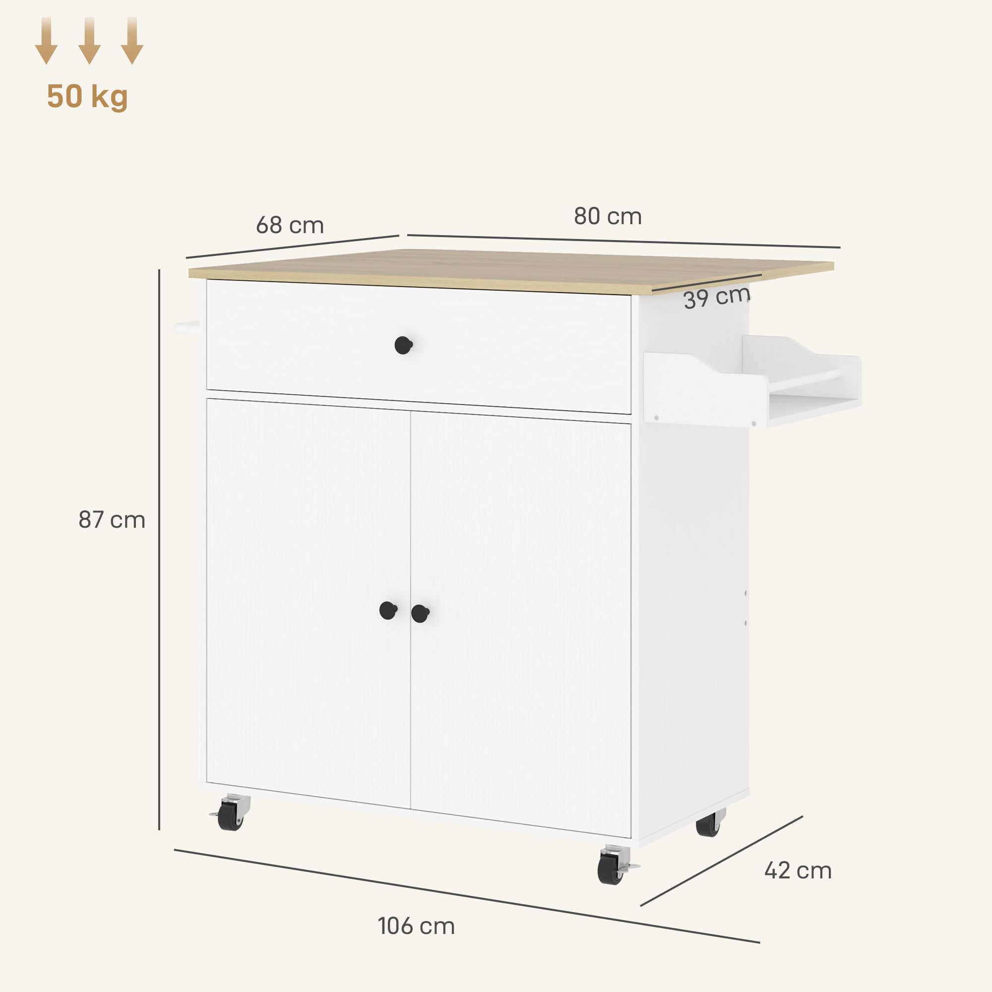 Kozy - Rolling Kitchen Island with Drop Leaf, Kitchen Storage Cart with Drawer, Spice Rack and Towel Rack, White