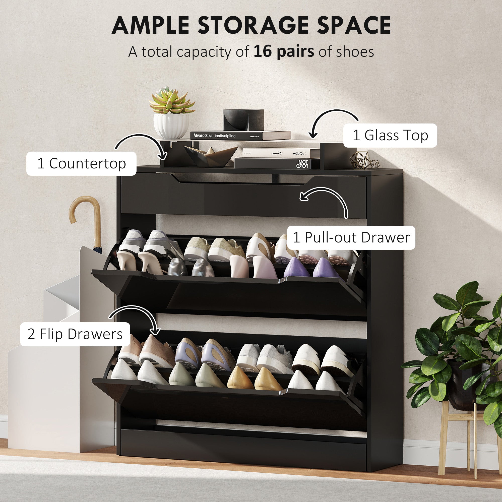 Kozy - Shoe Storage Cabinet with Slide Out Drawer, 2 Flip Doors, Tempered Glass Top - Black