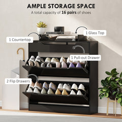 Kozy - Shoe Storage Cabinet with Slide Out Drawer, 2 Flip Doors, Tempered Glass Top - Black