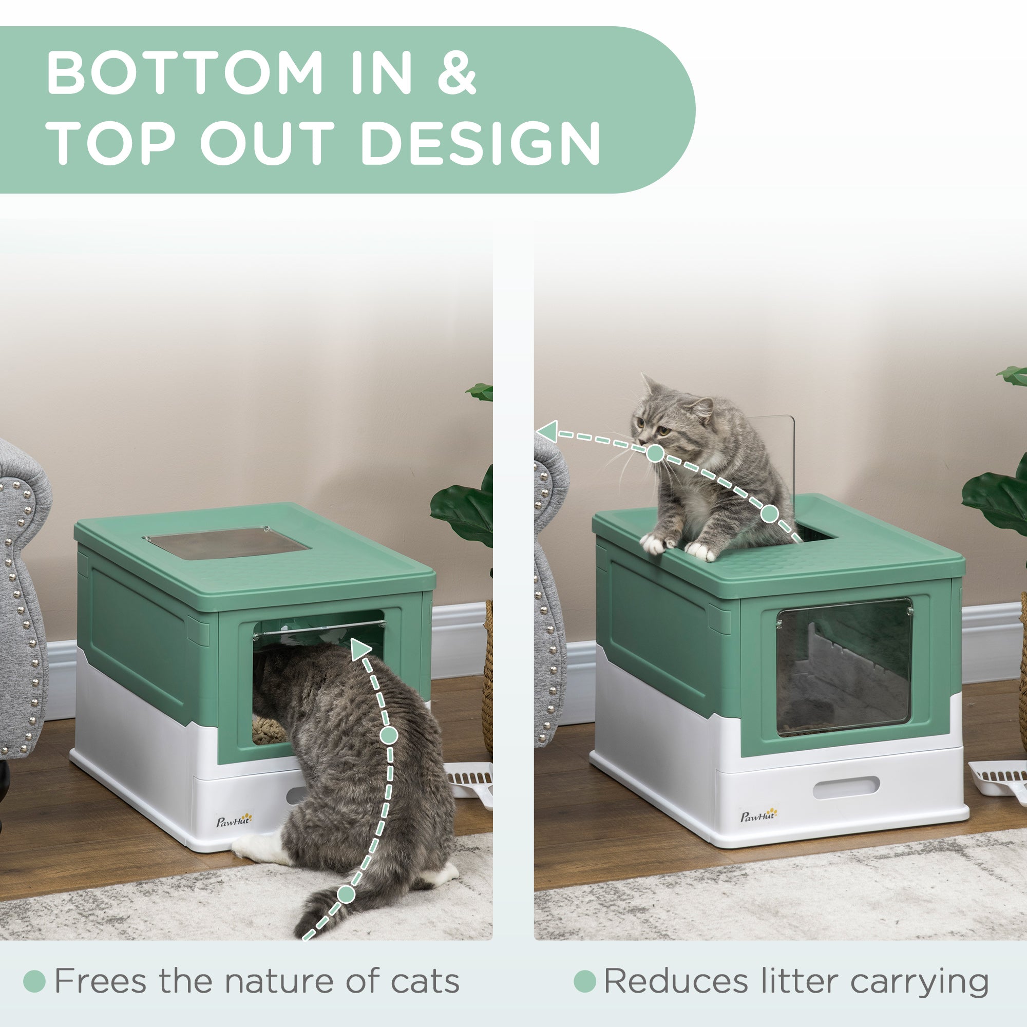 Kozy Hooded Cat Litter Box, Portable Pet Toilet, with Scoop, Front Entry - Green