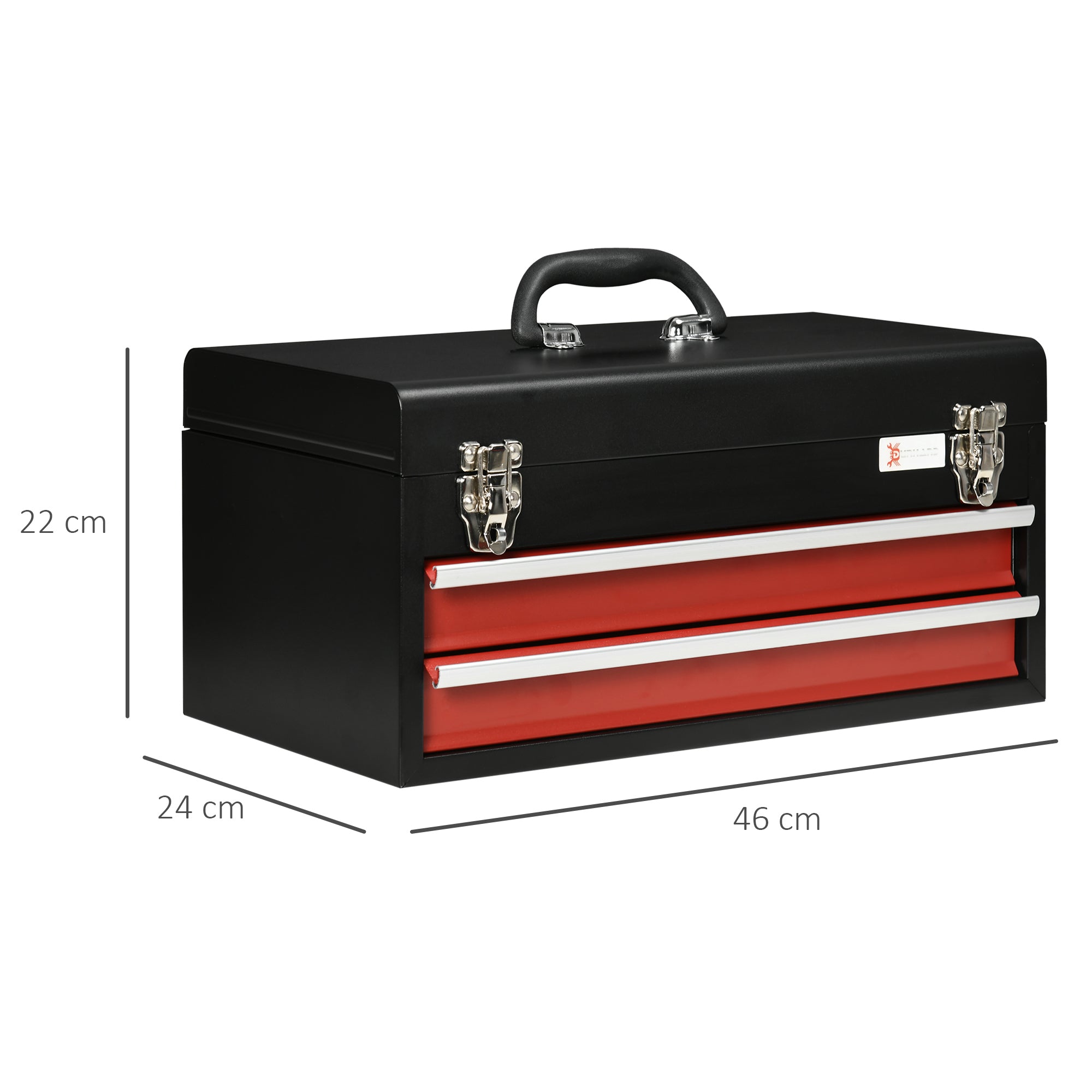 Kozy 2 Drawer Tool Chest, Lockable Metal Tool Box with Ball Bearing Runners, Portable Toolbox, 460mm x 240mm x 220mm, Black