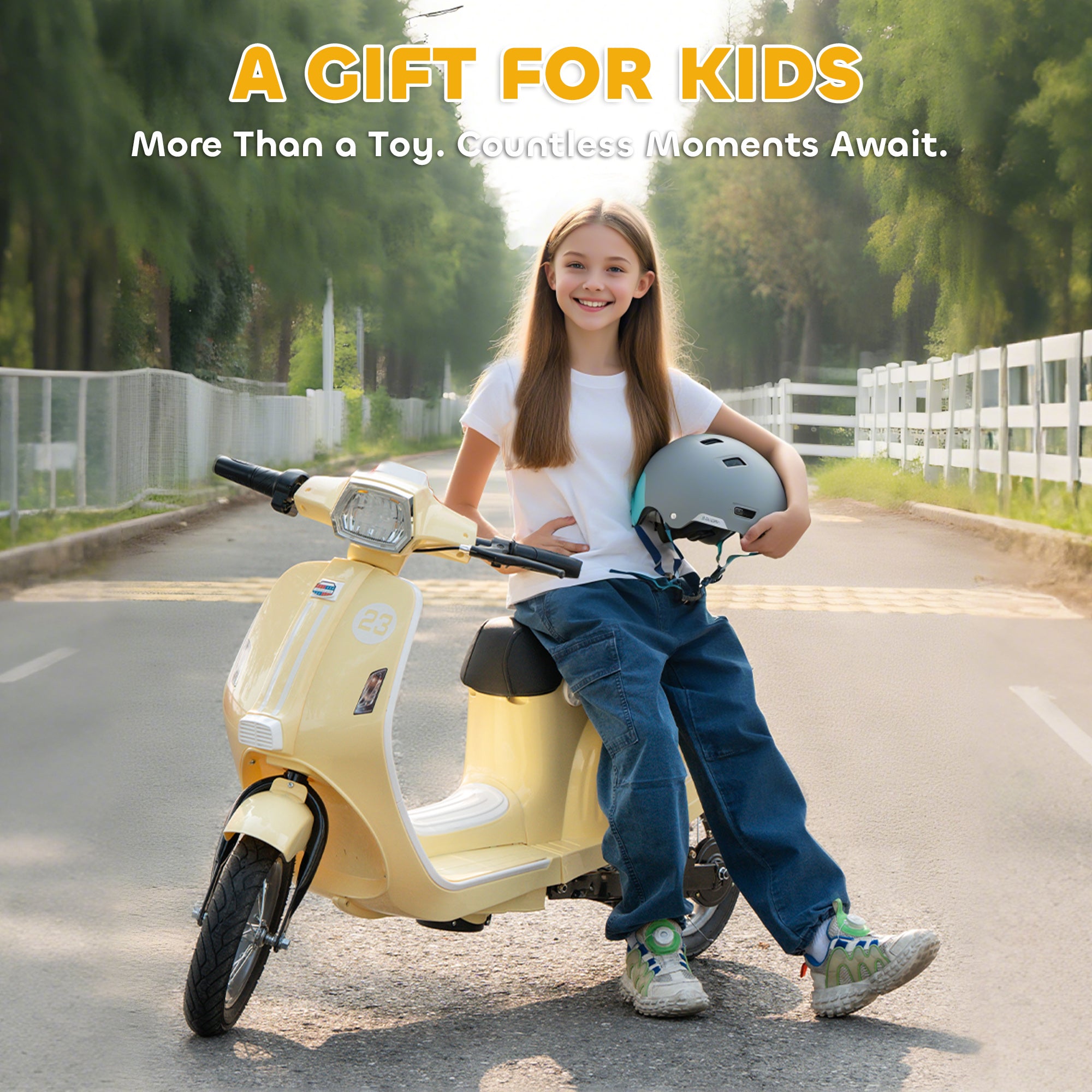 Kozy 24V Kids Electric Motorbike, Ride on Motorcycle with Manual Throttle, Brakes and LED Lights for Ages 8-12 Years, Beige