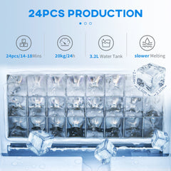 HOMCOM Ice Maker Machine, Counter Top Ice Cube Maker for Home, 20kg in 24 Hrs, 3.2L w/ Adjustable Cube Size, Self Cleaning Function | Aosom UK