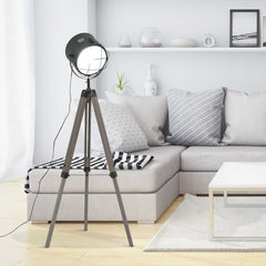 HOMCOM Industrial Style Tripod Floor Lamp for Living Room Bedroom, Vintage Spotlight Reading Lamp with Wooden Legs E27 Base