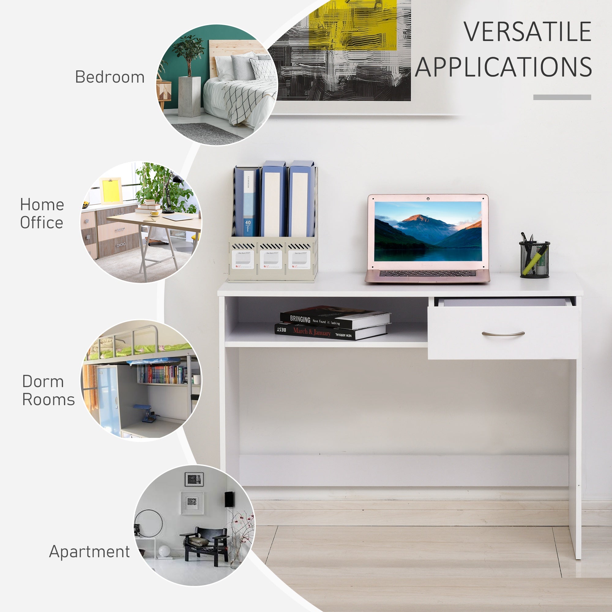 Kozy Compact Computer Desk, Study Table with Drawer and Storage Compartment, Writing Workstation, White