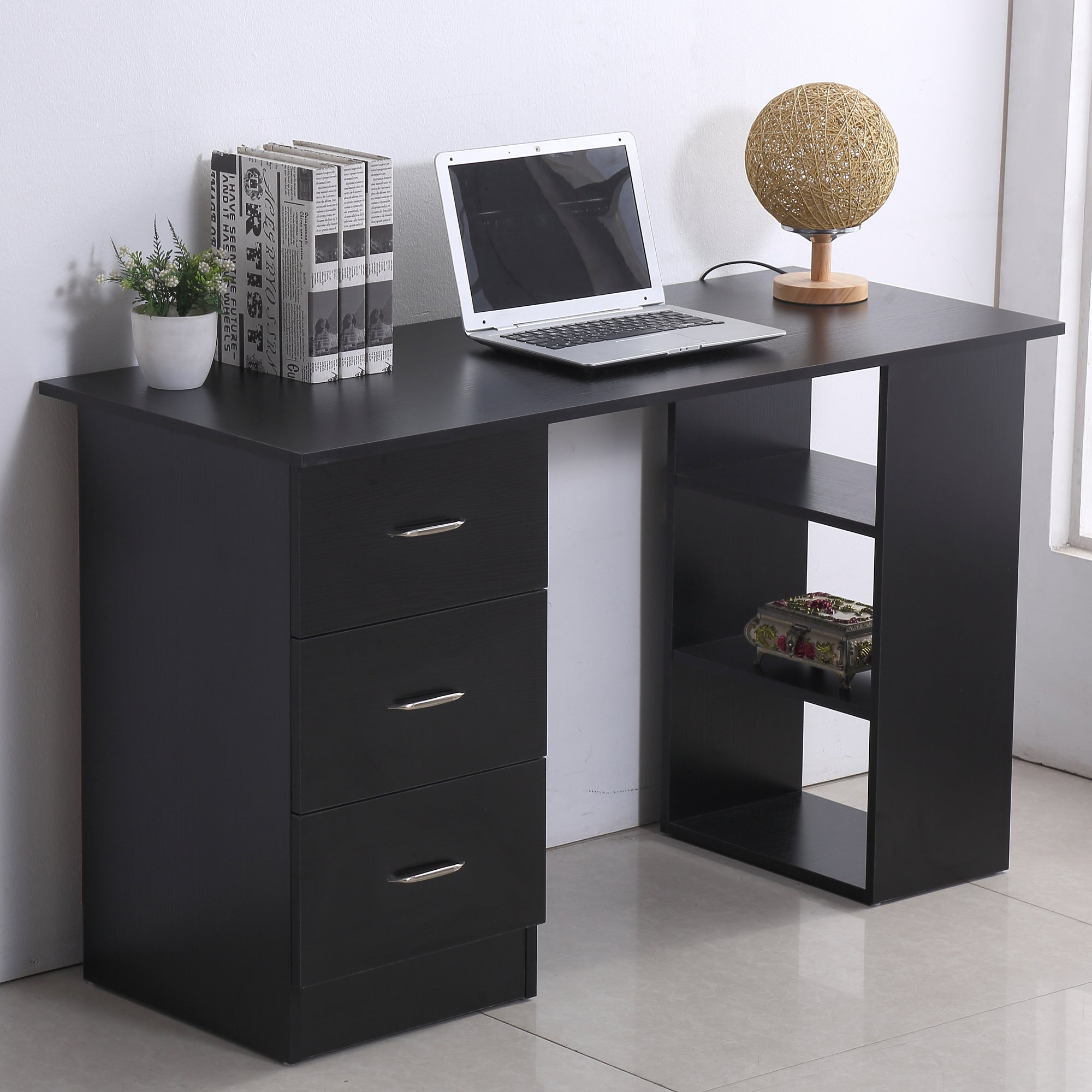 HOMCOM Computer Desk with Drawers Writing PC Table Workstation Laptop Study Stationery Cupboard w/ 3 Shelf & Drawers