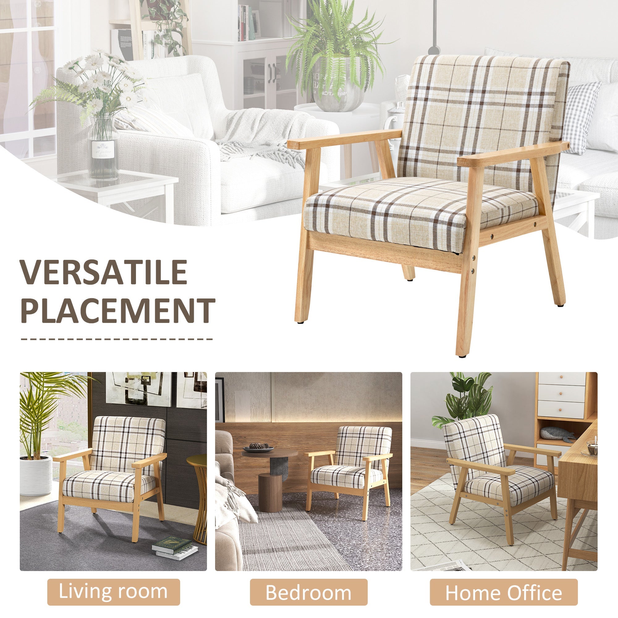 HOMCOM Modern Accent Chairs with Cushioned Seat, Upholstered Linen-Feel Armchair for Bedroom, Living Room Chair with Arms and Wood Legs, Beige