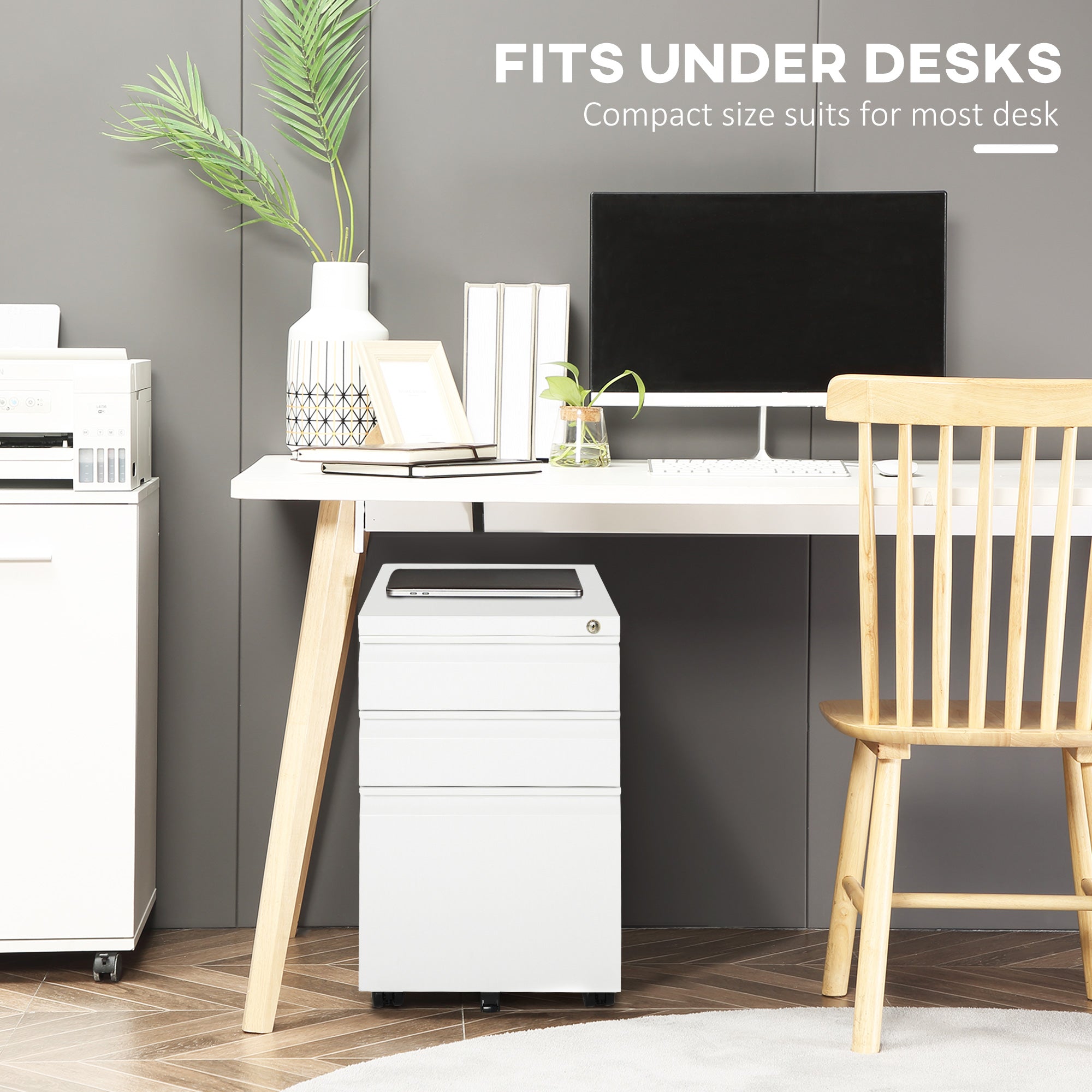 Kozy 3 Drawer Filling Cabinet, Mobile Metal File Cabinet with Anti-tilt Design for Letter, A4, Legal Size, White