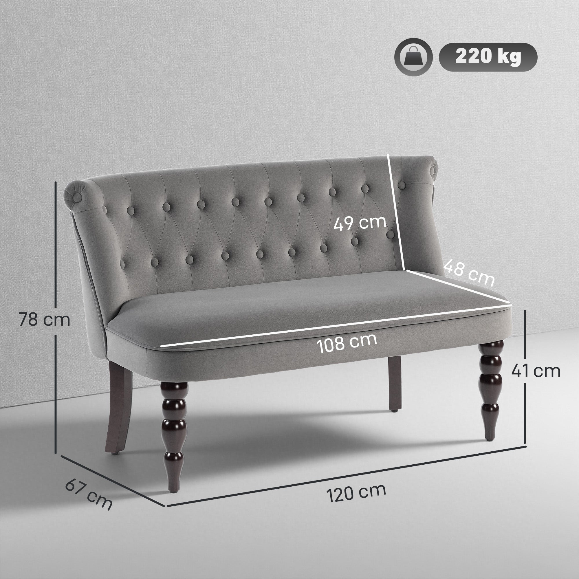 Kozy - Velvet 2 Seater Sofa, Button Tufted Wingback Loveseat with Rubber Wood Legs for Living Room, Bedroom, Charcoal Grey