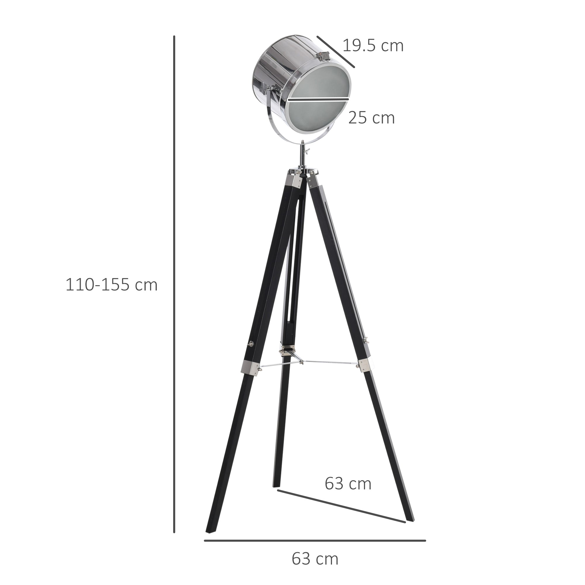 Kozy Industrial Style Adjustable Tripod Floor Lamp, Searchlight Lamp with Wooden Legs and Steel Lampshade, 110-155cm, Black