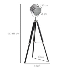 Kozy Industrial Style Adjustable Tripod Floor Lamp, Searchlight Lamp with Wooden Legs and Steel Lampshade, 110-155cm, Black