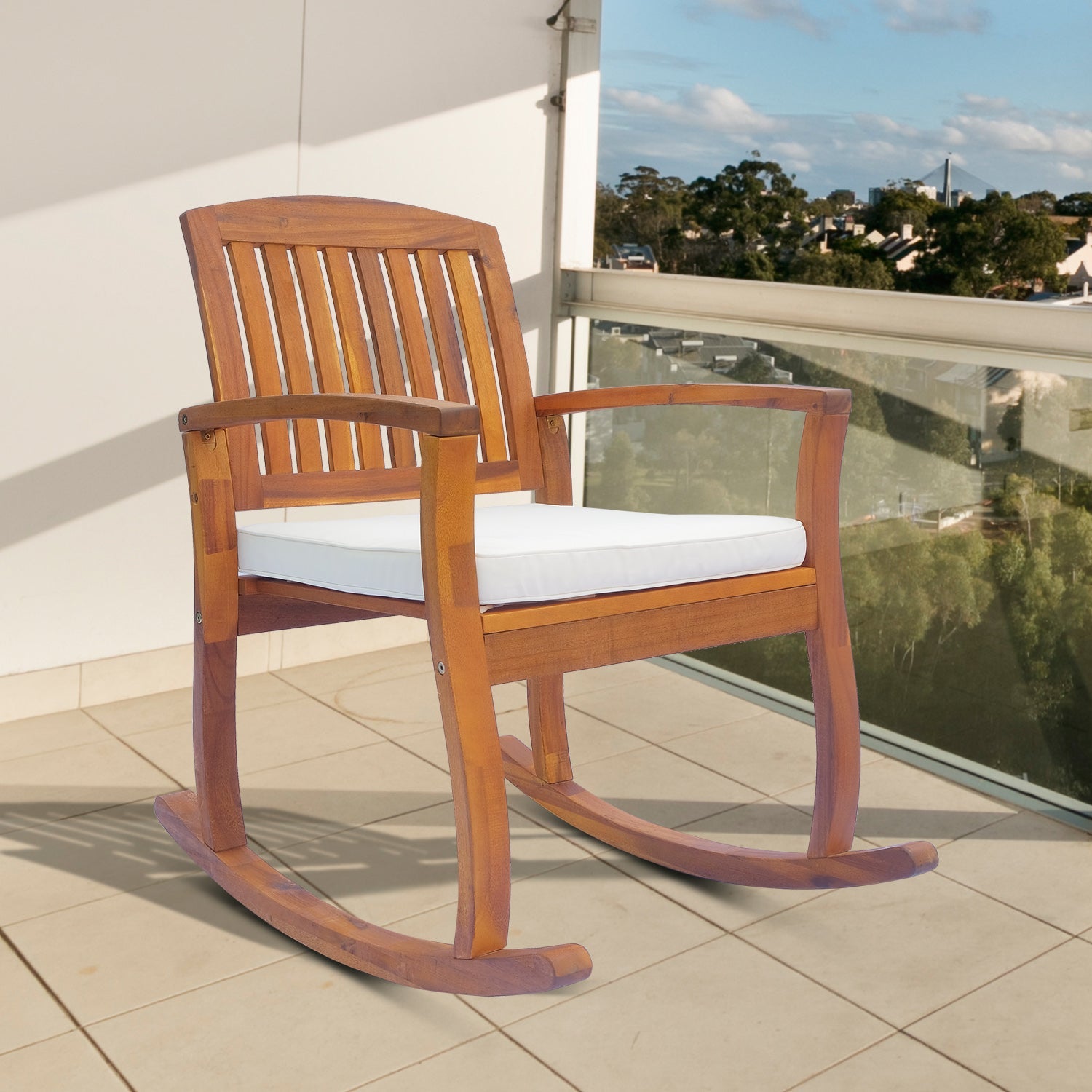 Outsunny Rocking Chair, Acacia Wood, Indoor/Outdoor Use with Cushion, Traditional Design | Aosom UK