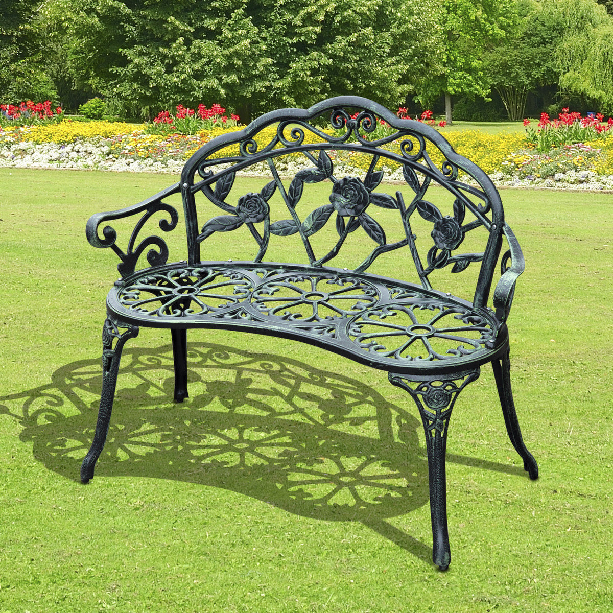 Outsunny Cast Aluminium Outdoor Garden Patio Antique Rose Style Bench Porch Park Chair Seater