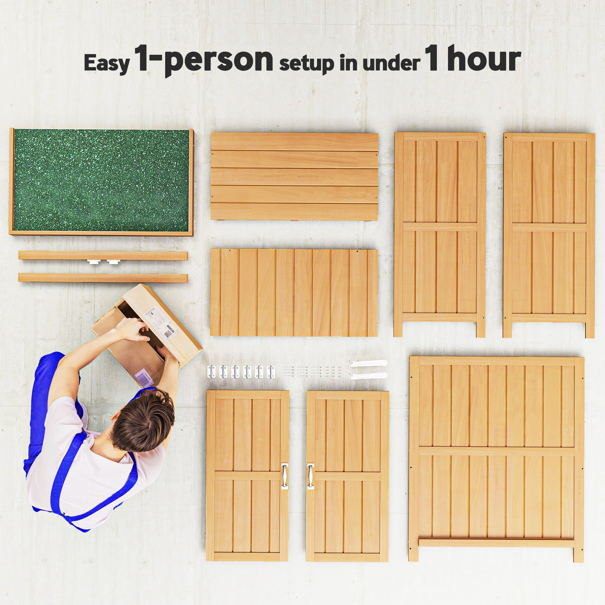 Kozy Small Shed, Wooden Garden Shed with Openable Hinged Roof and Removable Shelf, Outdoor Tool Storage Cabinet Chest with Double Doors, 74 x 43 x 88 cm, Natural Wood Finish