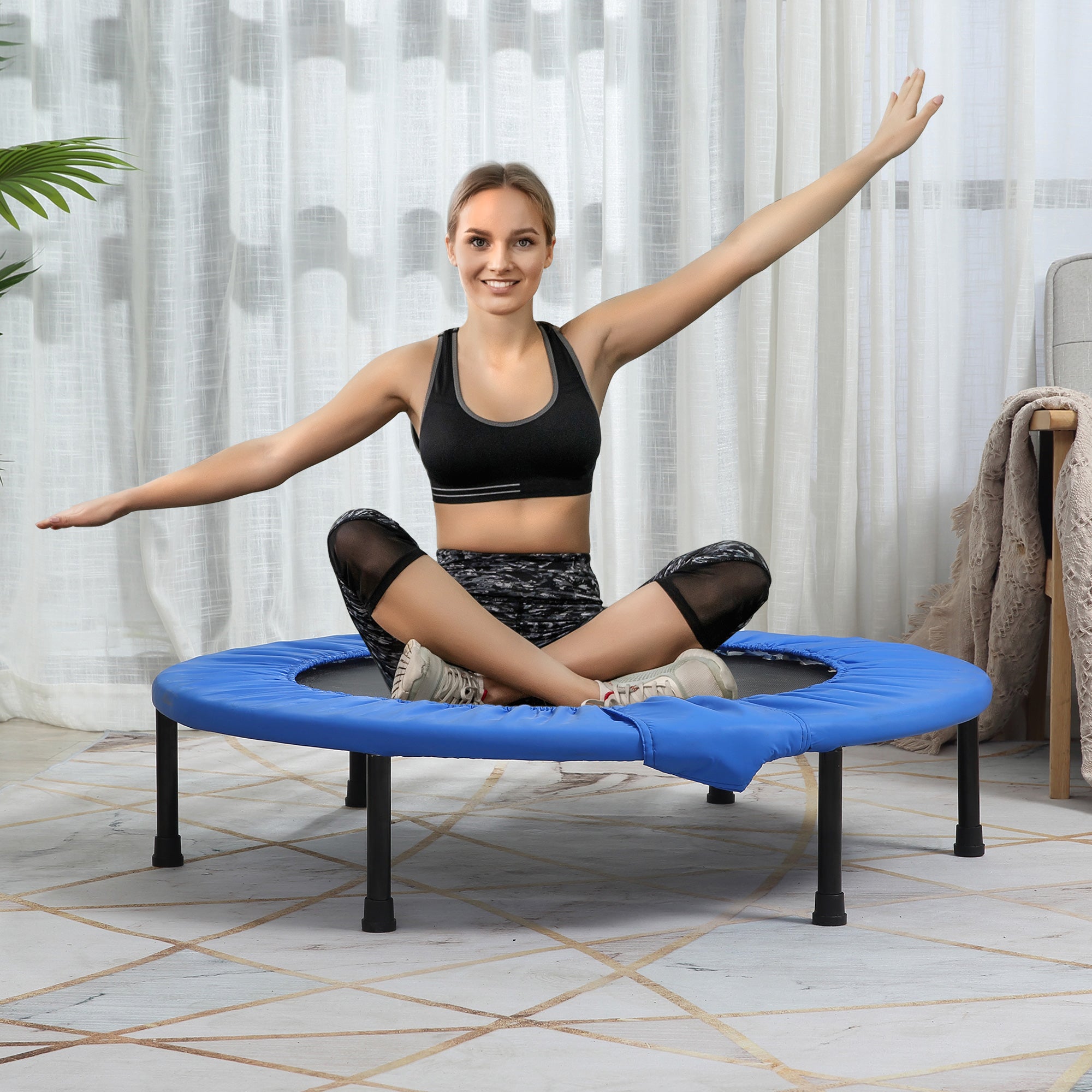 Kozy 38" Mini Fitness Trampoline Home Gym Yoga Exercise Rebounder Indoor Outdoor Jumper with Safety Pad, Support Up to 150 KG, Blue and Black