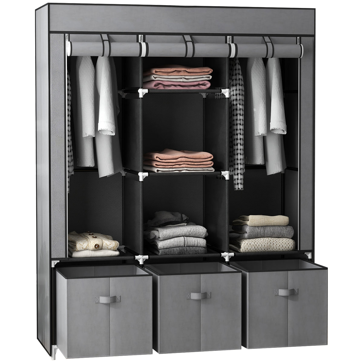 Kozy Fabric Wardrobe for Bedroom, Portable Wardrobe with 5 Shelves, 2 Hanging Rails and 3 Fabric Drawers, Foldable Closet, 125 x 43 x 162.5cm, Dark Grey