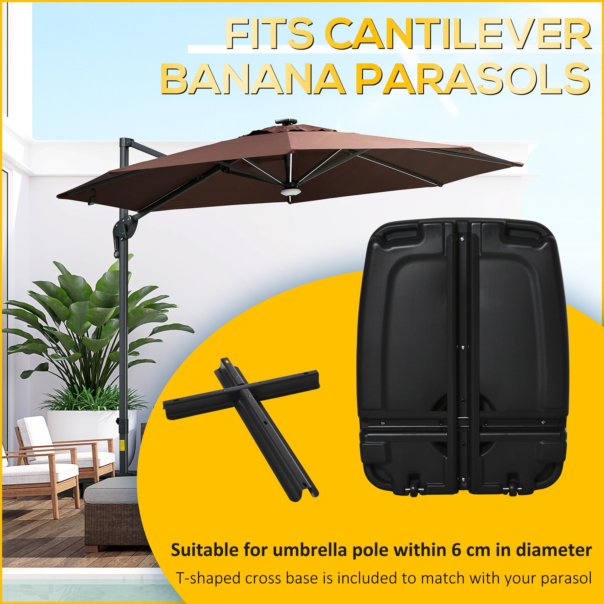 Kozy Parasol Base, Water and Sand Filled, Up to 75kg, Portable Umbrella Stand Weights for Cantilever Banana Parasol with Wheels, Black