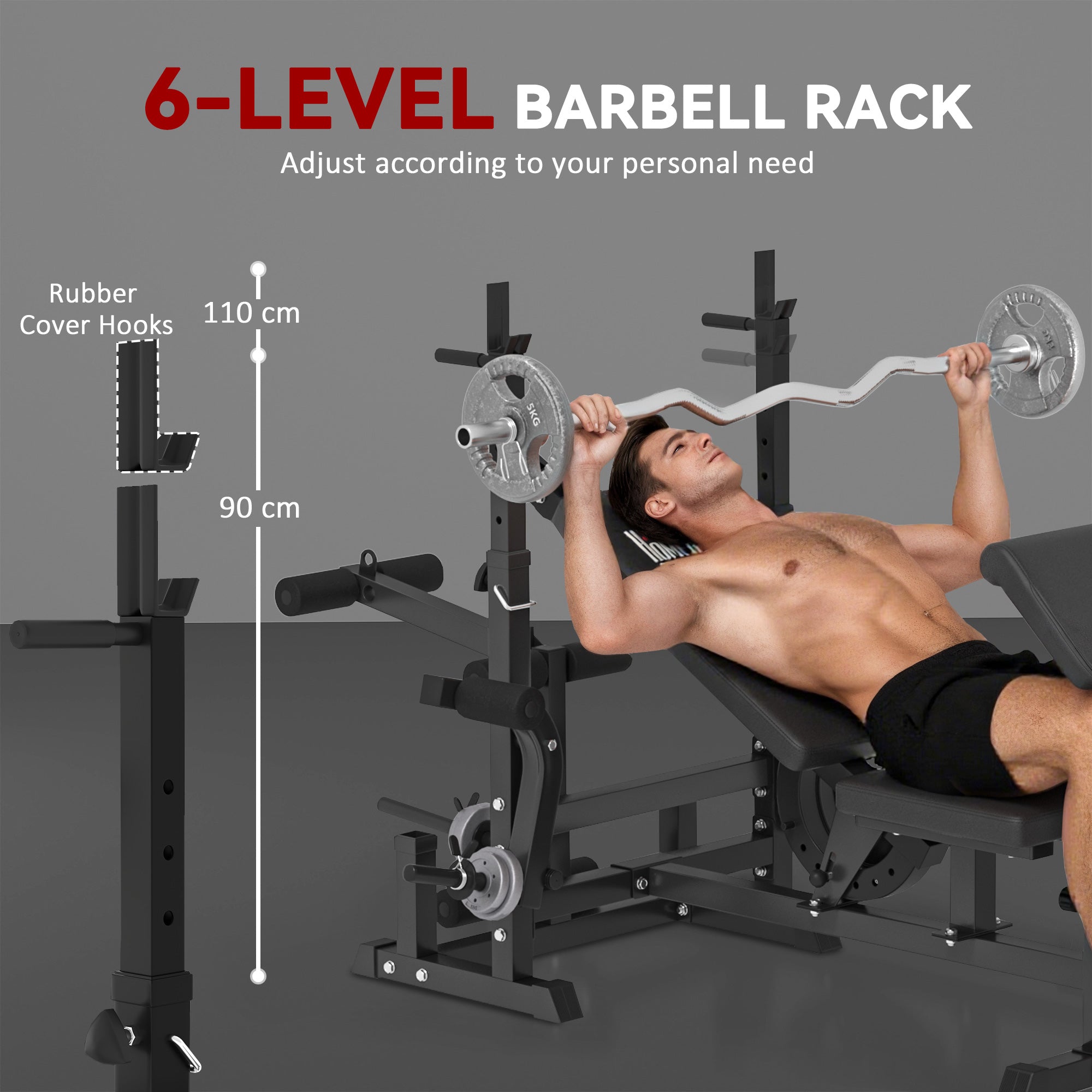 Kozy Weight Bench, 6 in 1 Adjustable Bench Press with Leg Extension, Barbell Rack, Preacher Curl Pad, Resistance Band, Multi-Function Home Gym Equipment for Strength Training Weightlifting