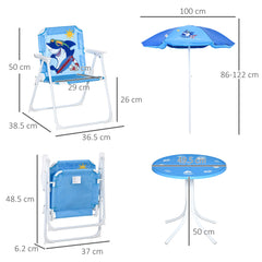 Kozy Kids Outdoor Bistro Table and Chair Set, Folding Garden Furniture w/ Shark Design, Removable, Adjustable Sun Umbrella, Ages 3-6 Years - Blue
