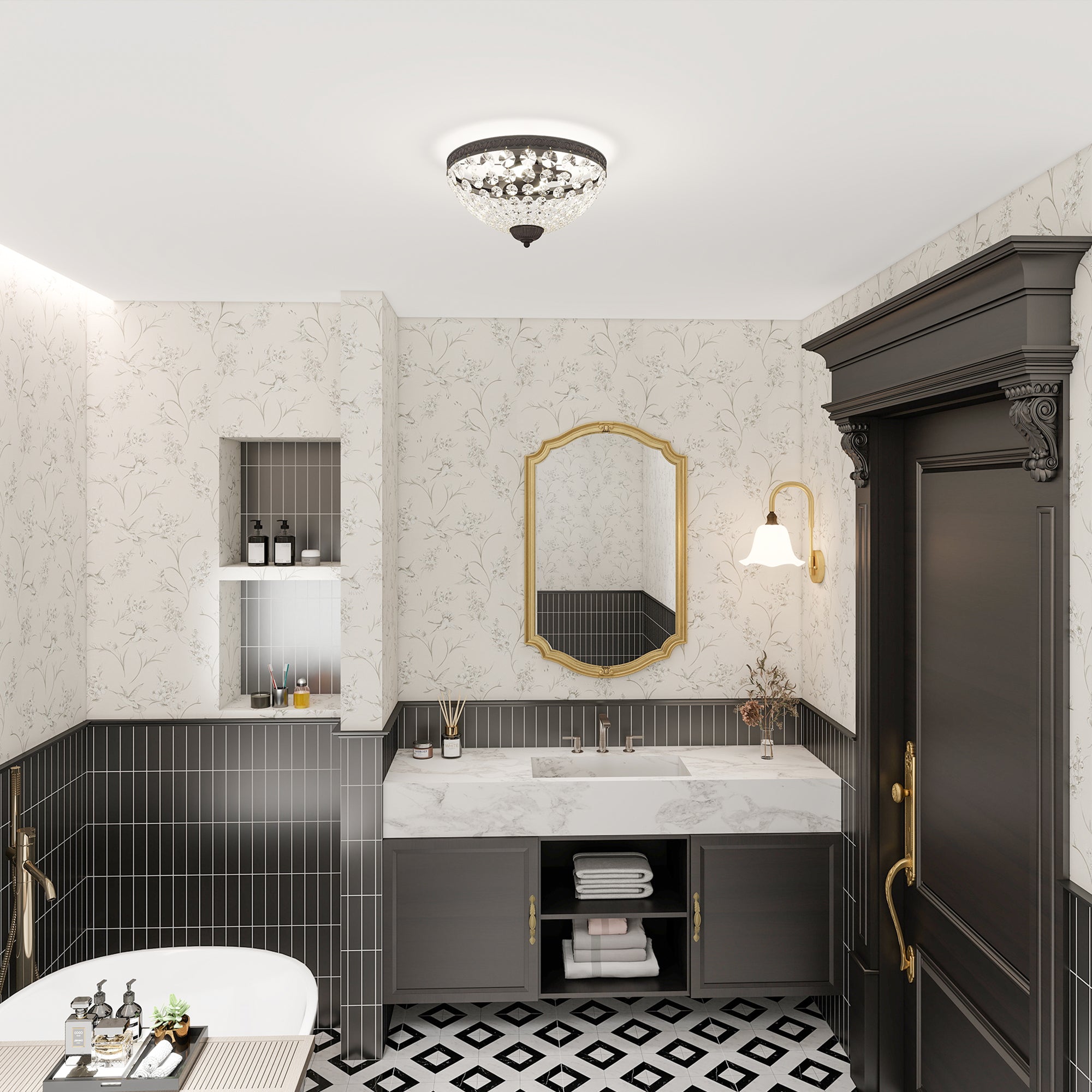 Kozy Crystal Chandelier Ceiling Light with 168 Octagonal Beads, Vintage 2-Light Flush Mount Ceiling Light for Living Room, Bedroom, Hallway, Dining Room, Gold Tone