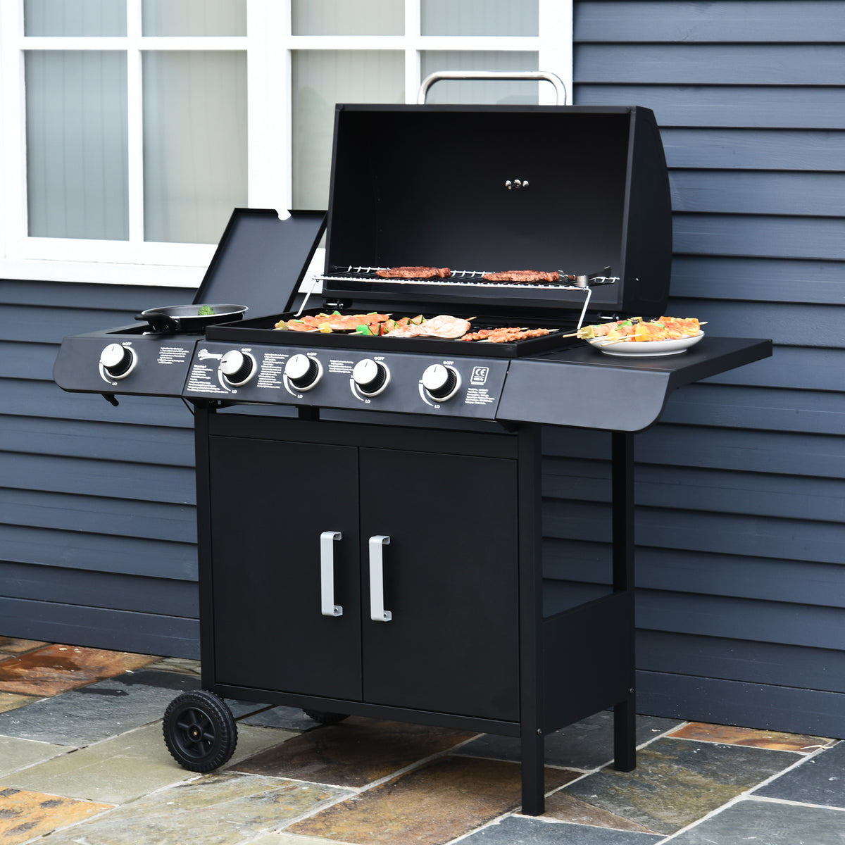 Outsunny 4+1 Gas Burner Grill BBQ Trolley Backyard Garden Smoker Side Burner Barbecue w/ Storage Side Table Wheels