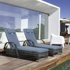 Kozy 2PC Rattan Sun Lounger Recliner Bed Reclining Chair Patio Garden Outdoor Wicker Weave Adjustable Headrest with Fire Retardant Cushion – Grey