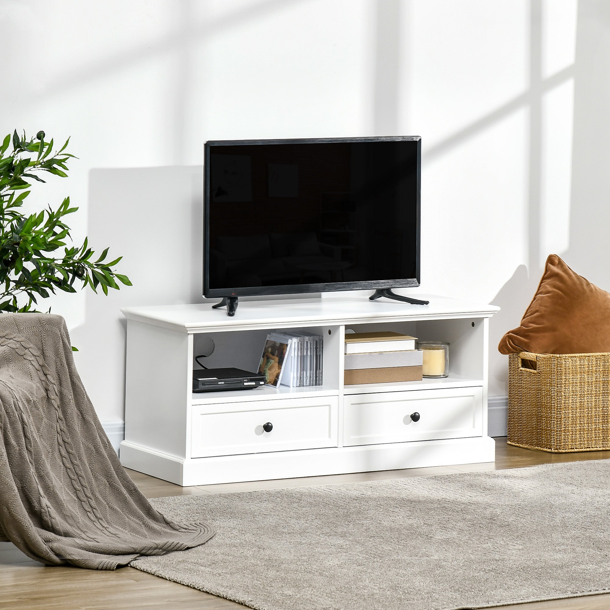 Kozy Modern TV Unit Cabinet for TVs up to 45 Inches, TV Stand with Drawers, Open Shelves, Cable Holes for Living Room, White