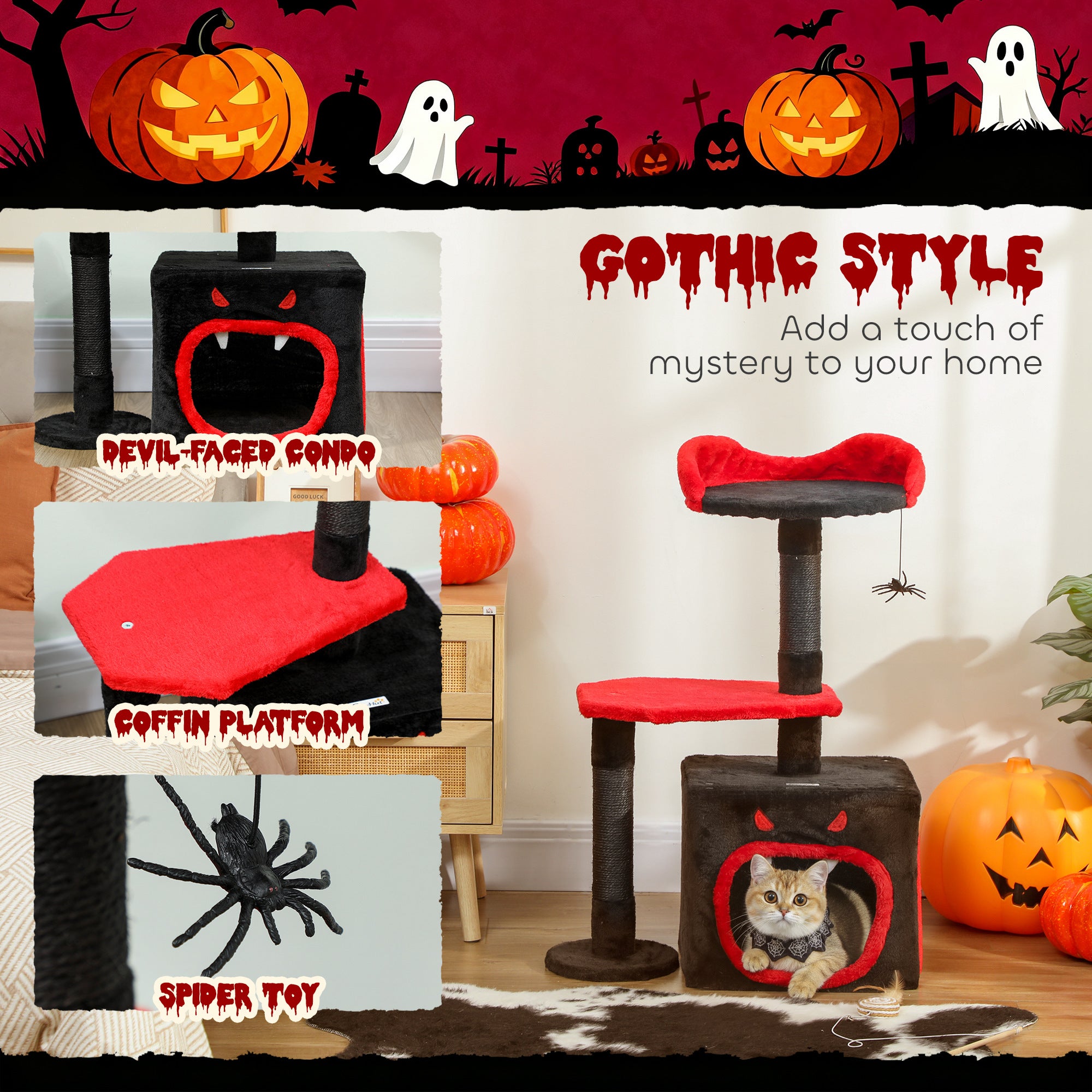 Kozy - Cat Tree, Gothic Cat Tower with Scratching Posts, Cute Condo, Coffin Platform, Bed and Spider Toy, Halloween