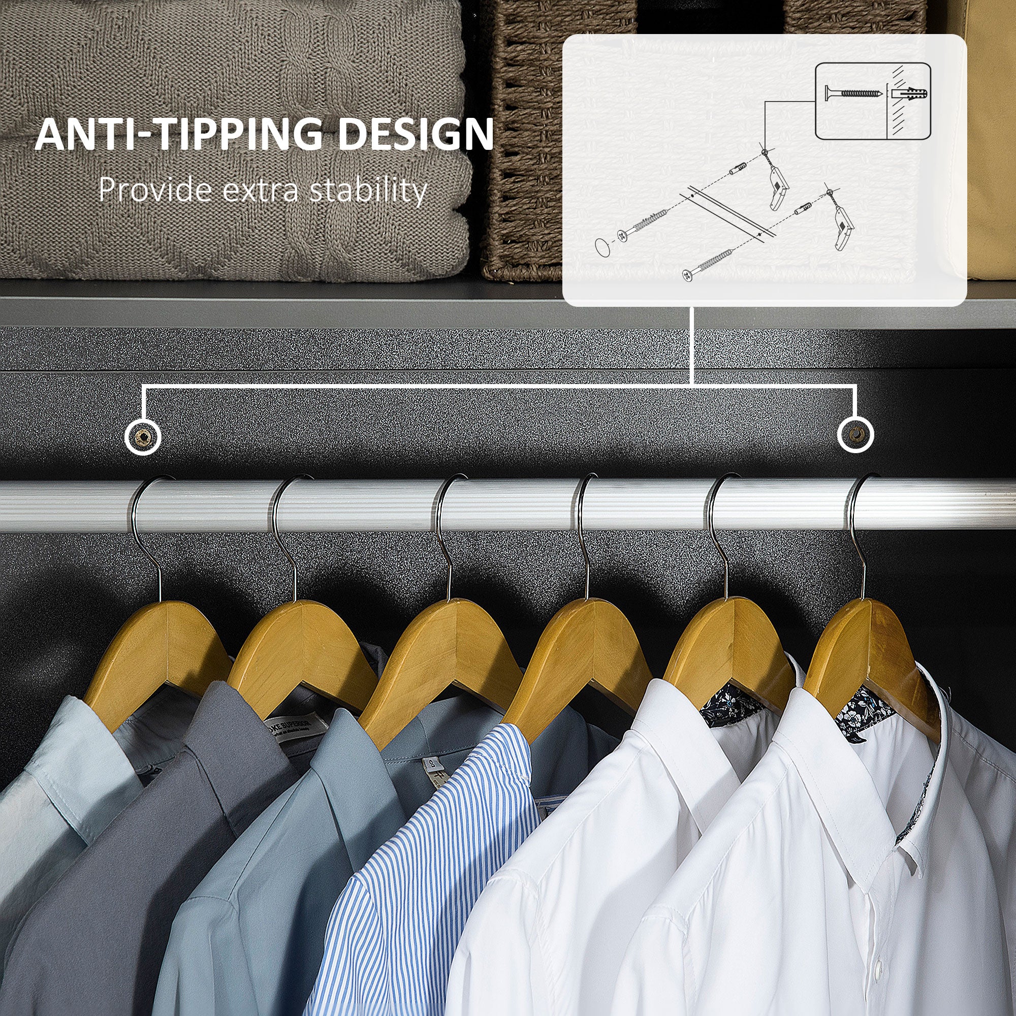 Kozy High Gloss Wardrobe, 2 Door Wardrobe with Hanging Rod and Storage Shelf, Clothes Storage Organizer with Anti-tipping Design for Bedroom, Grey