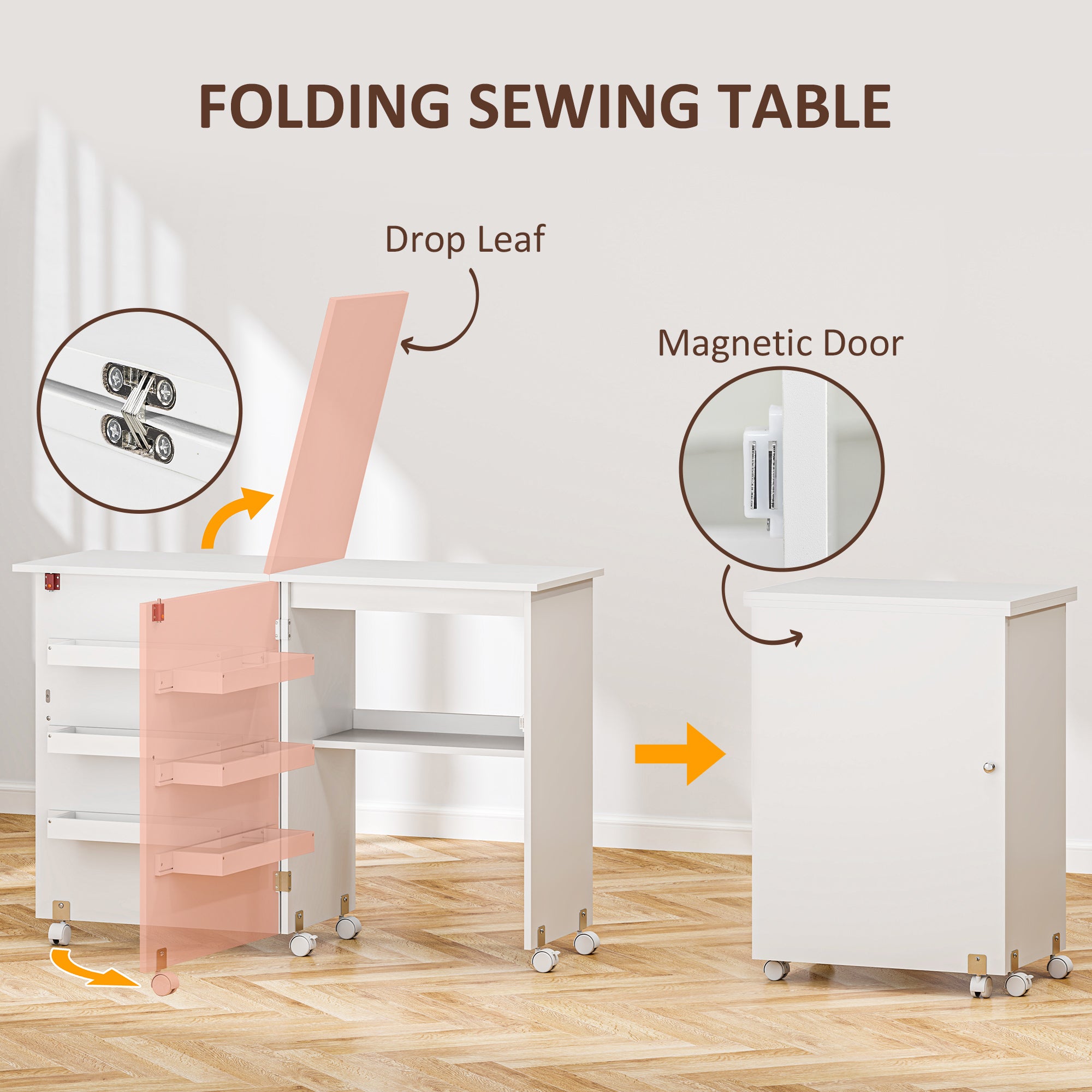 Kozy - Folding Sewing Table, Drop Leaf Craft Table with Storage Bins, Open Shelf and Wheels, Rolling Sewing Machine Cabinet Computer Desk for Small Space, White