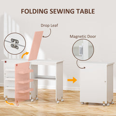Kozy - Folding Sewing Table, Drop Leaf Craft Table with Storage Bins, Open Shelf and Wheels, Rolling Sewing Machine Cabinet Computer Desk for Small Space, White